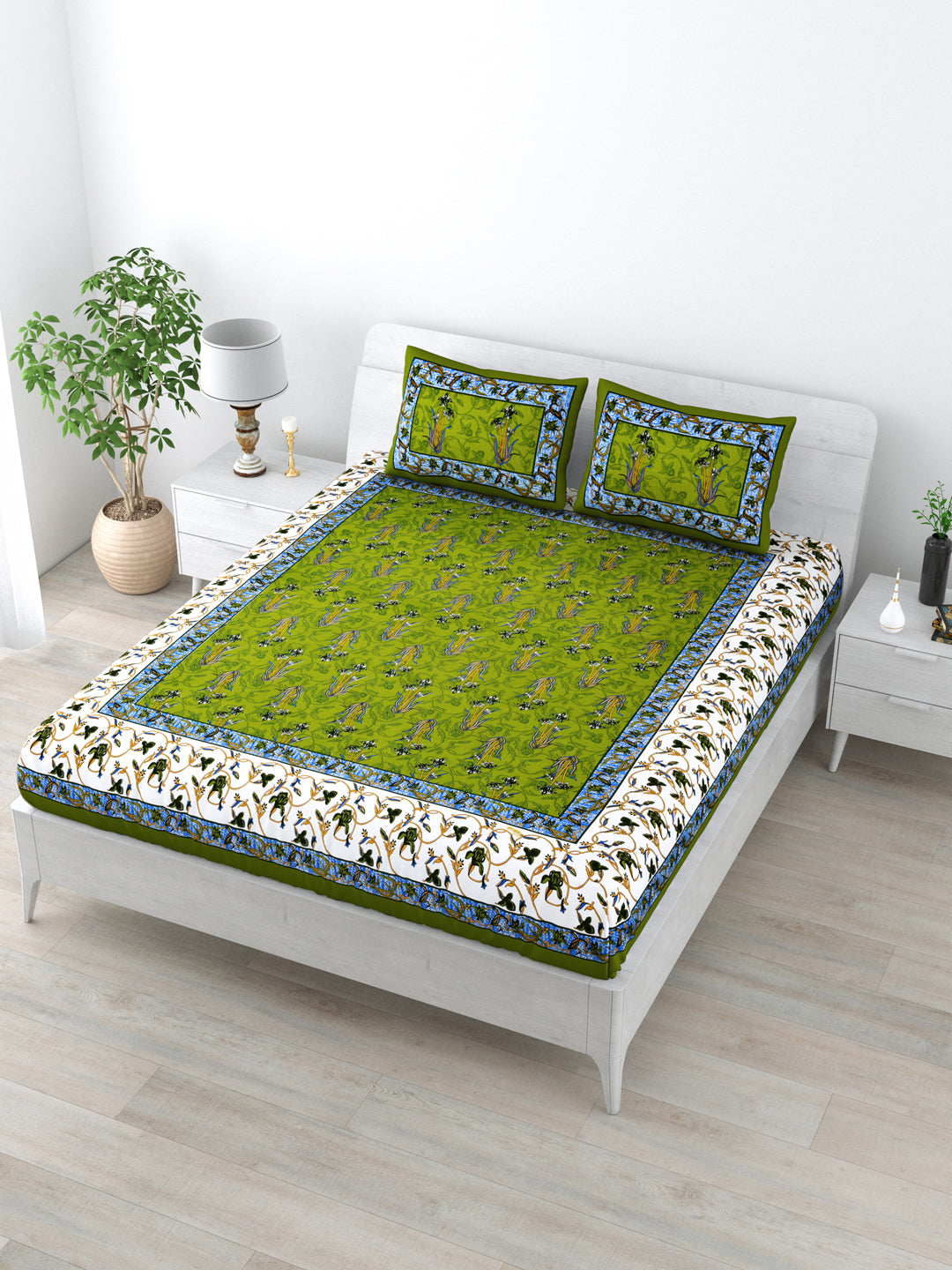 LIVING ROOTS Double Bedsheet Pure Cotton - 1 Bedsheet with 2 Pillow Covers Green Colour (31-190-C)