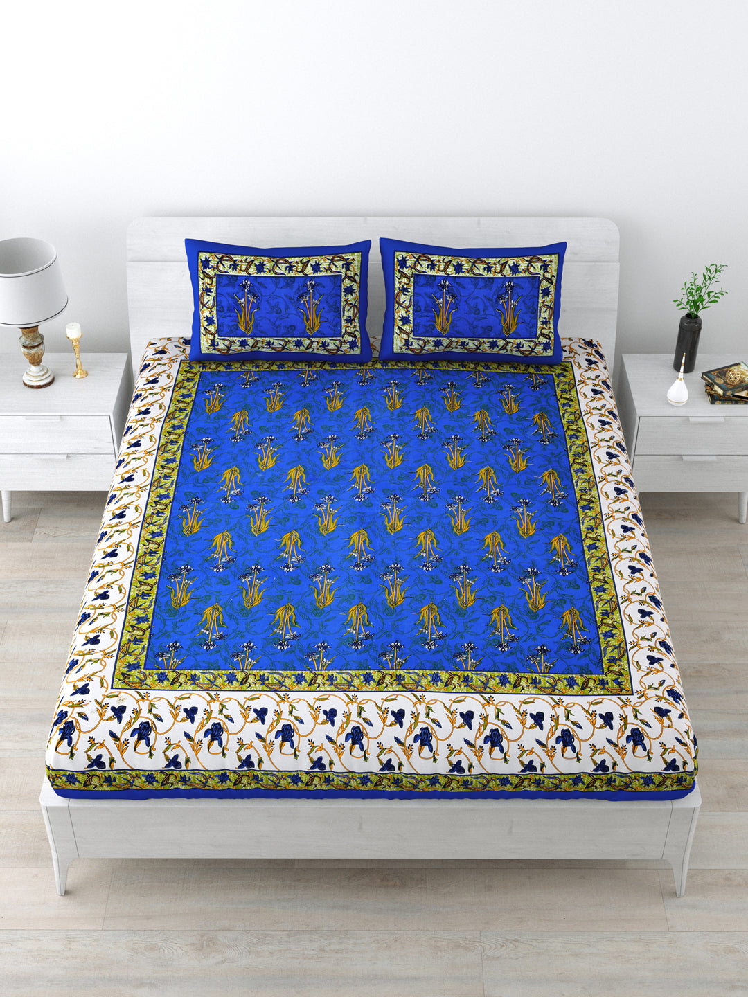 Double Bedsheet Pure Cotton - 1 Bedsheet with 2 Pillow Covers Blue Colour