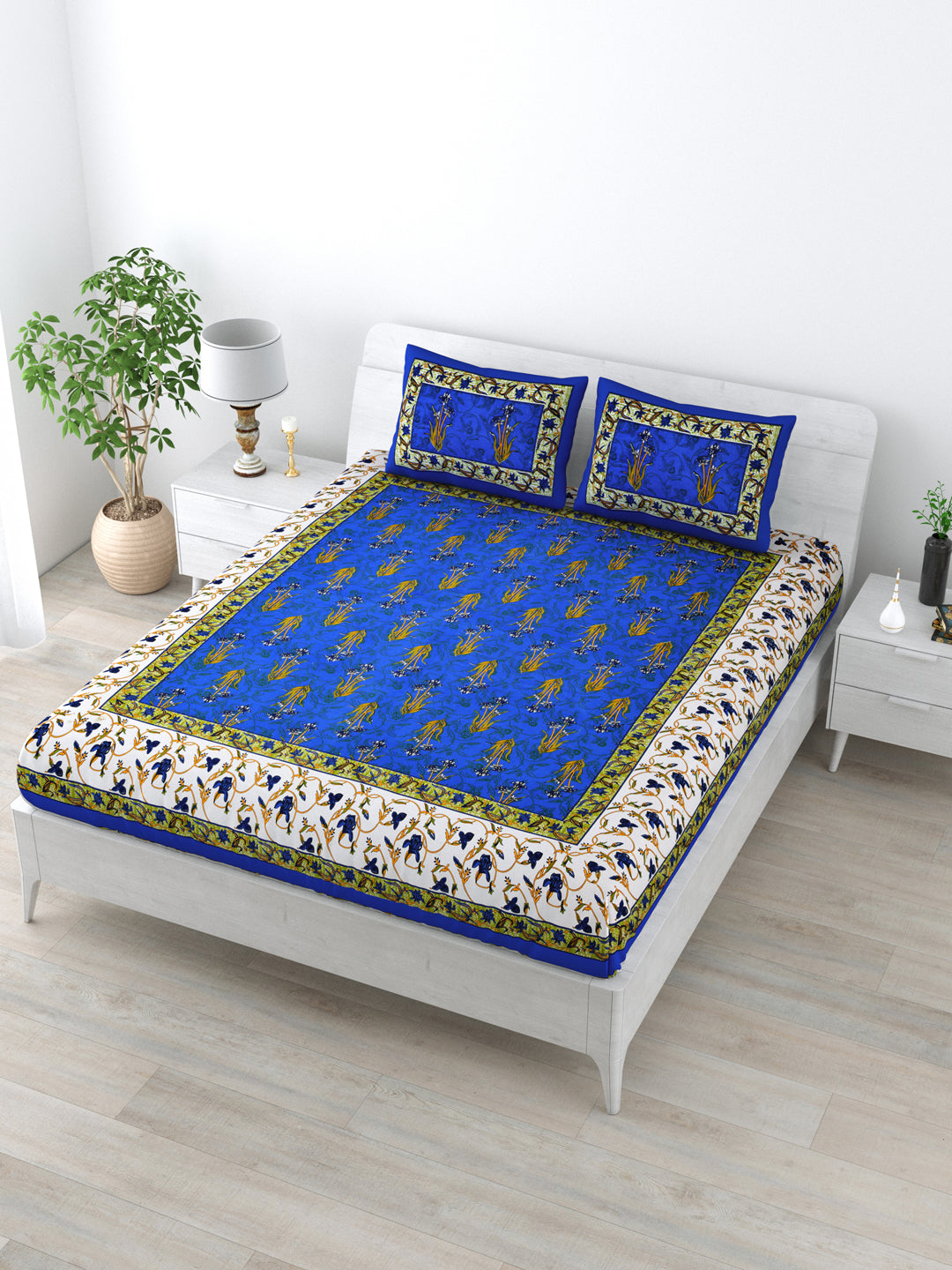 Double Bedsheet Pure Cotton - 1 Bedsheet with 2 Pillow Covers Blue Colour