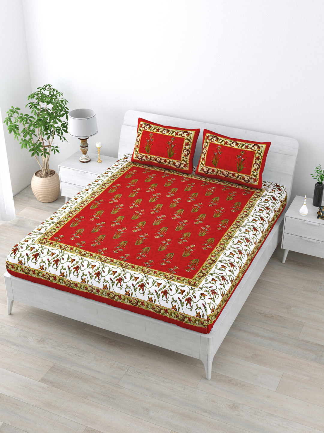 Double Bedsheet Pure Cotton - 1 Bedsheet with 2 Pillow Covers Red Colour