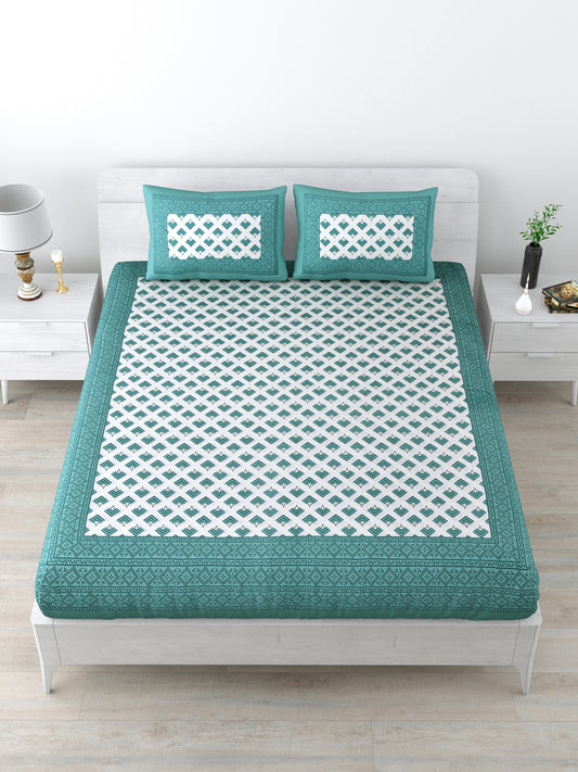 Double Bedsheet Pure Cotton - 1 Bedsheet with 2 Pillow Covers Green Colour