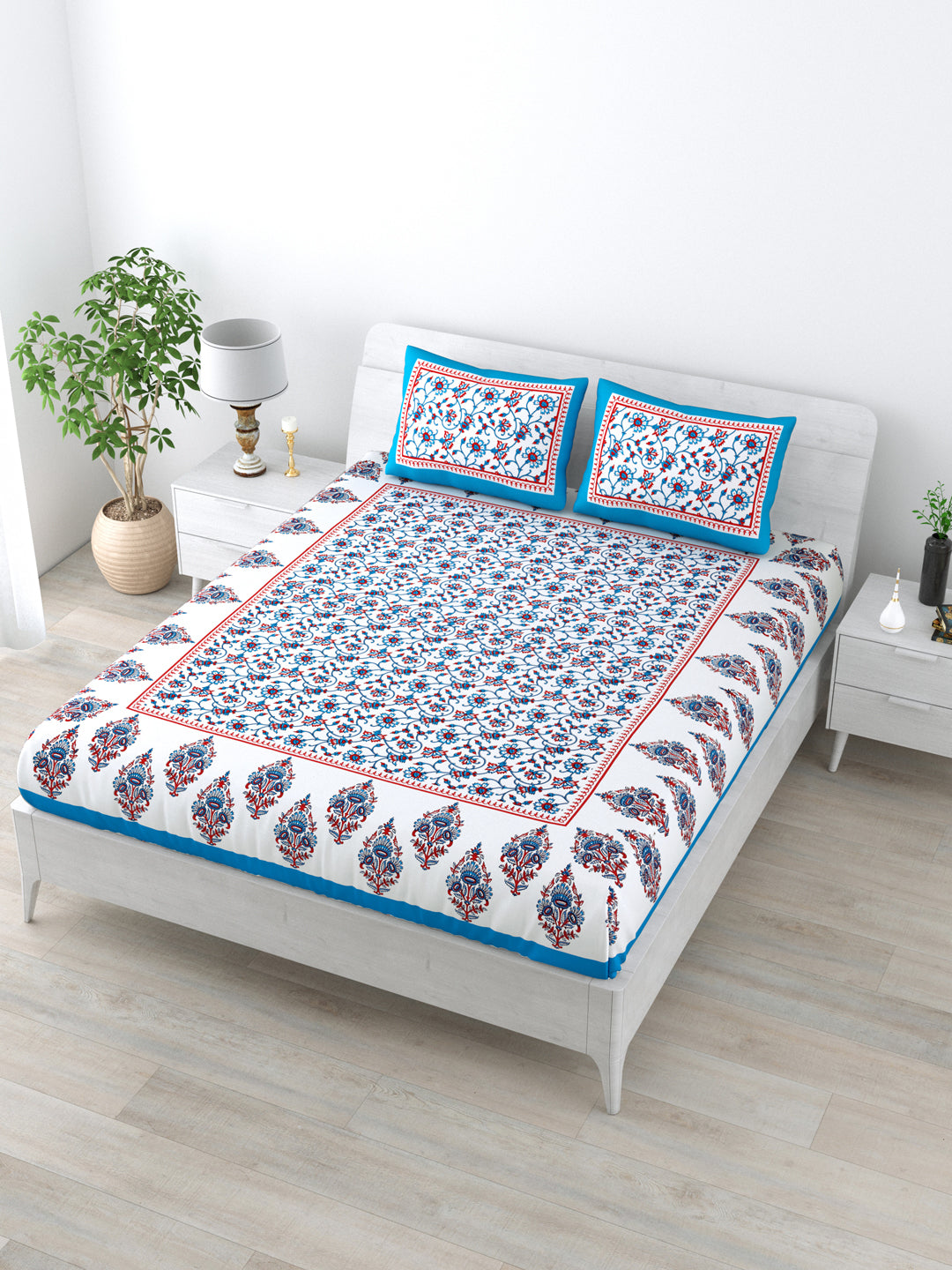 Double Bedsheet Pure Cotton - 1 Bedsheet with 2 Pillow Covers Blue Colour