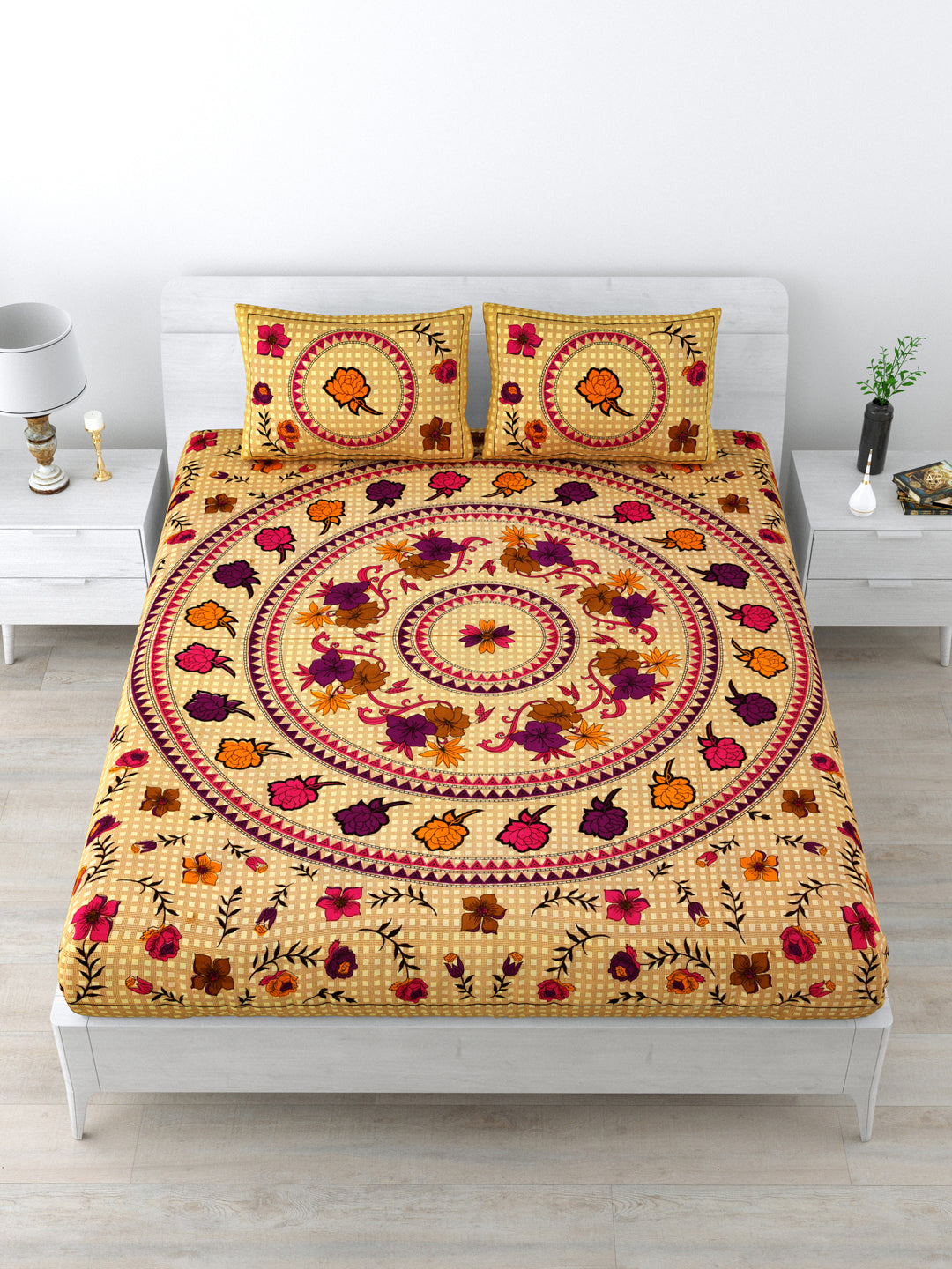 Double Bedsheet Pure Cotton - 1 Bedsheet with 2 Pillow Covers Mustard Colour