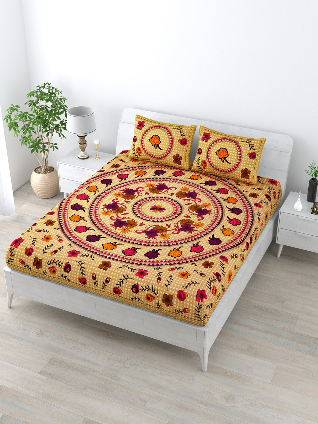 Double Bedsheet Pure Cotton - 1 Bedsheet with 2 Pillow Covers Mustard Colour