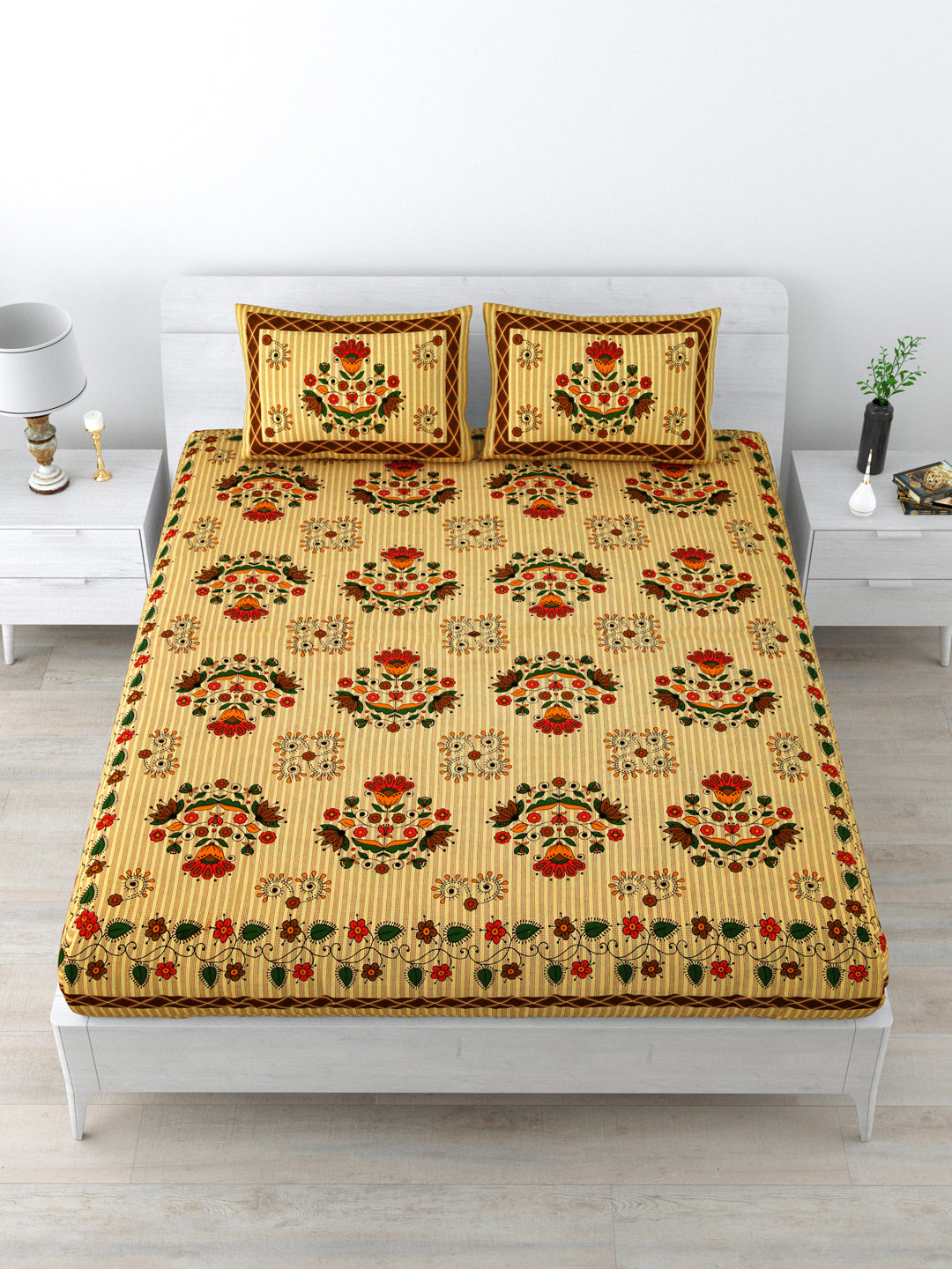 Double Bedsheet Pure Cotton - 1 Bedsheet with 2 Pillow Covers Yellow Colour