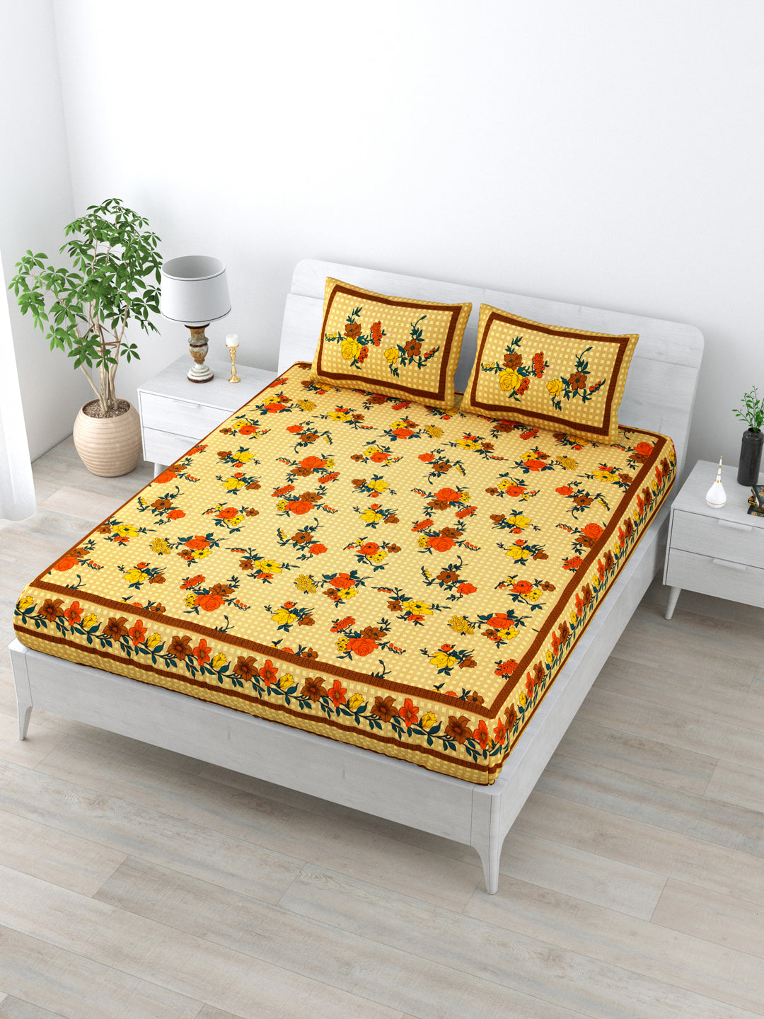 Double Bedsheet Pure Cotton - 1 Bedsheet with 2 Pillow Covers Yellow Colour