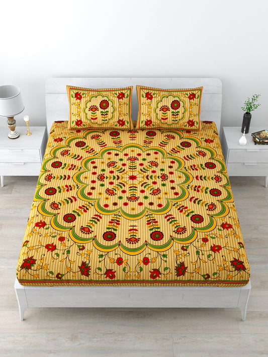 Double Bedsheet Pure Cotton - 1 Bedsheet with 2 Pillow Covers Yellow Colour