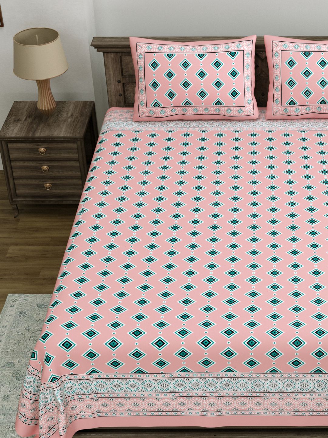 LIVING ROOTS King Size Ethenic Rajasthani 100% Pure Cotton Pink Colour Bedsheet With Pillow Cover (31-197-A)