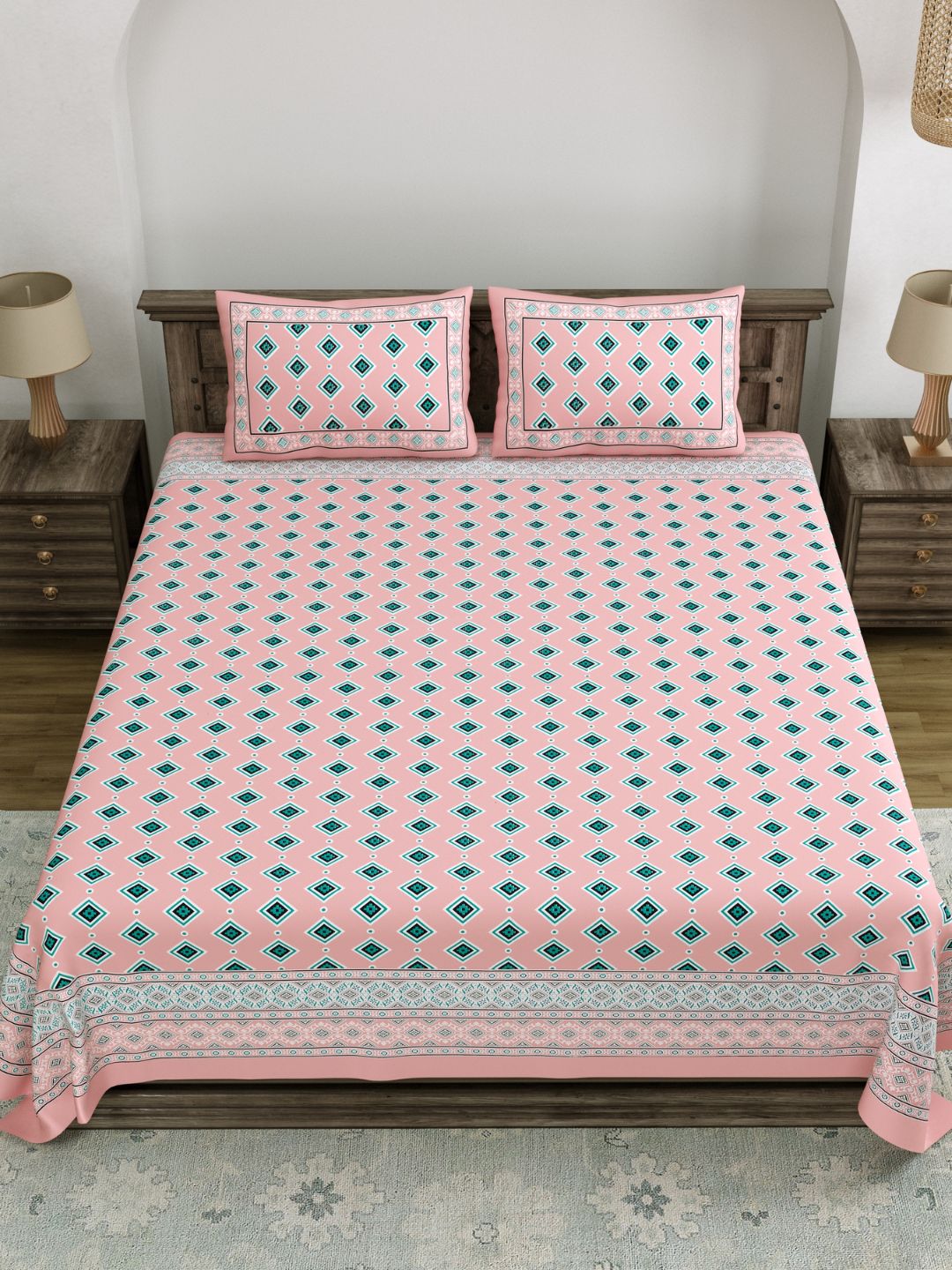 LIVING ROOTS King Size Premium Handblock Printed Pure Cotton Pink Colour Bedsheet With Pillow Cover (31-197-A)