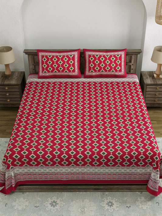 LIVING ROOTS King Size Ethenic Rajasthani 100% Pure Cotton Red Colour Bedsheet With Pillow Cover (31-197-B)