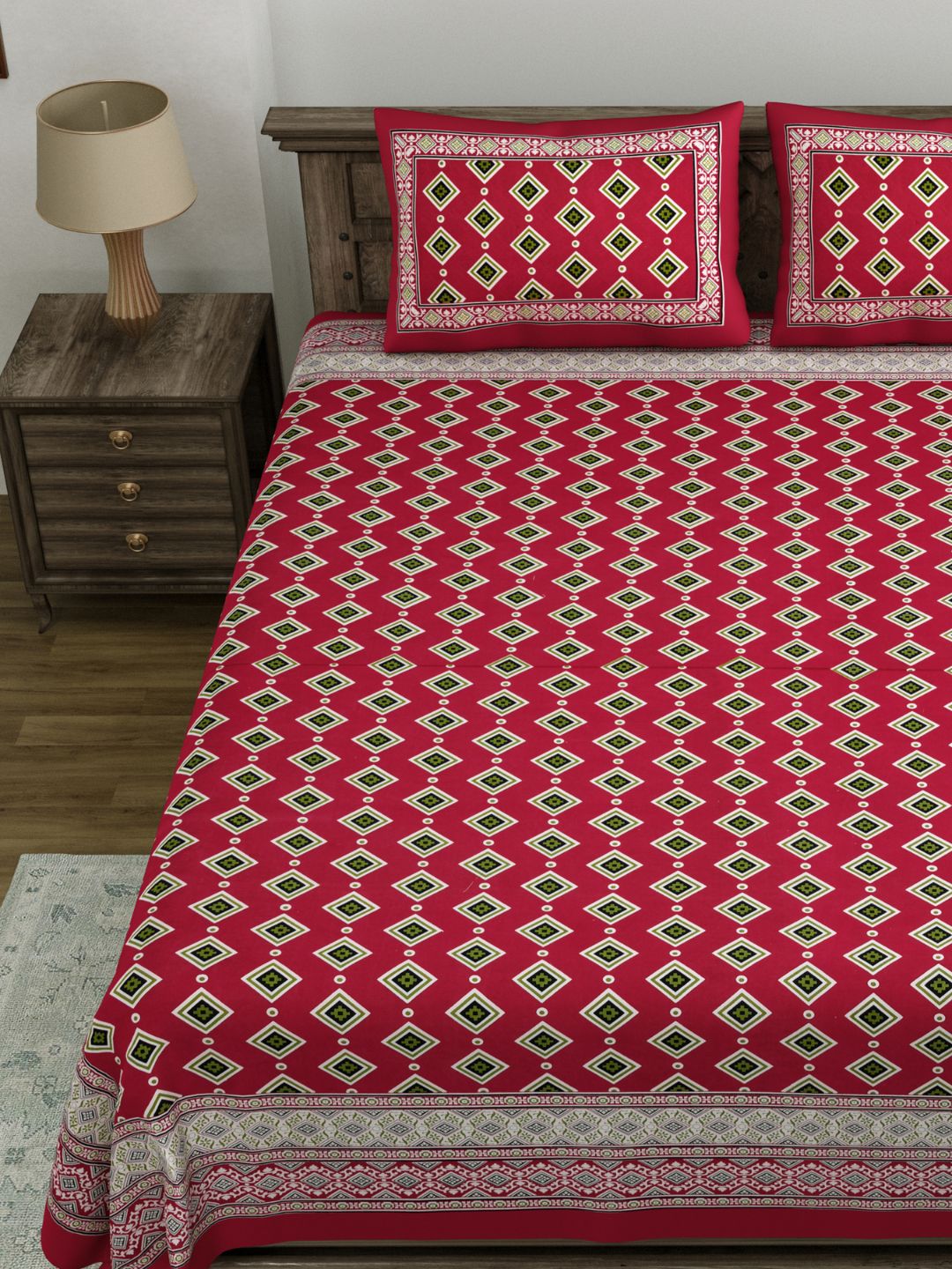 LIVING ROOTS King Size Ethenic Rajasthani 100% Pure Cotton Red Colour Bedsheet With Pillow Cover (31-197-B)