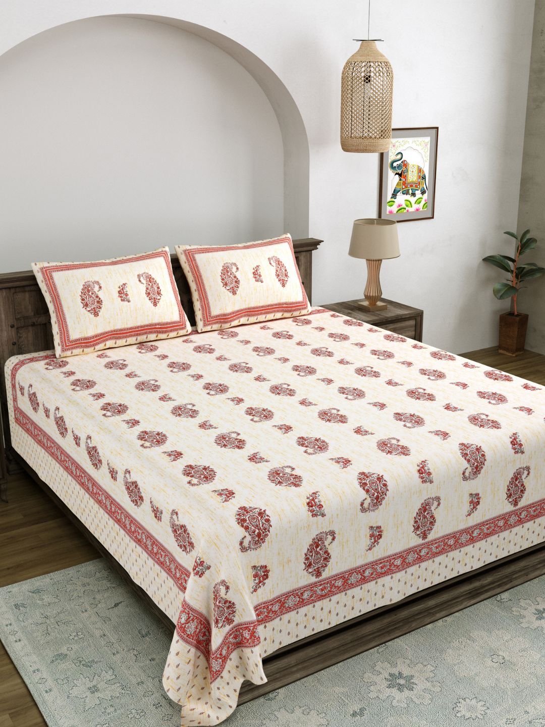 LIVING ROOTS King Size Ethenic Rajasthani 100% Pure Cotton Pink Colour Bedsheet With Pillow Cover (31-198-C)