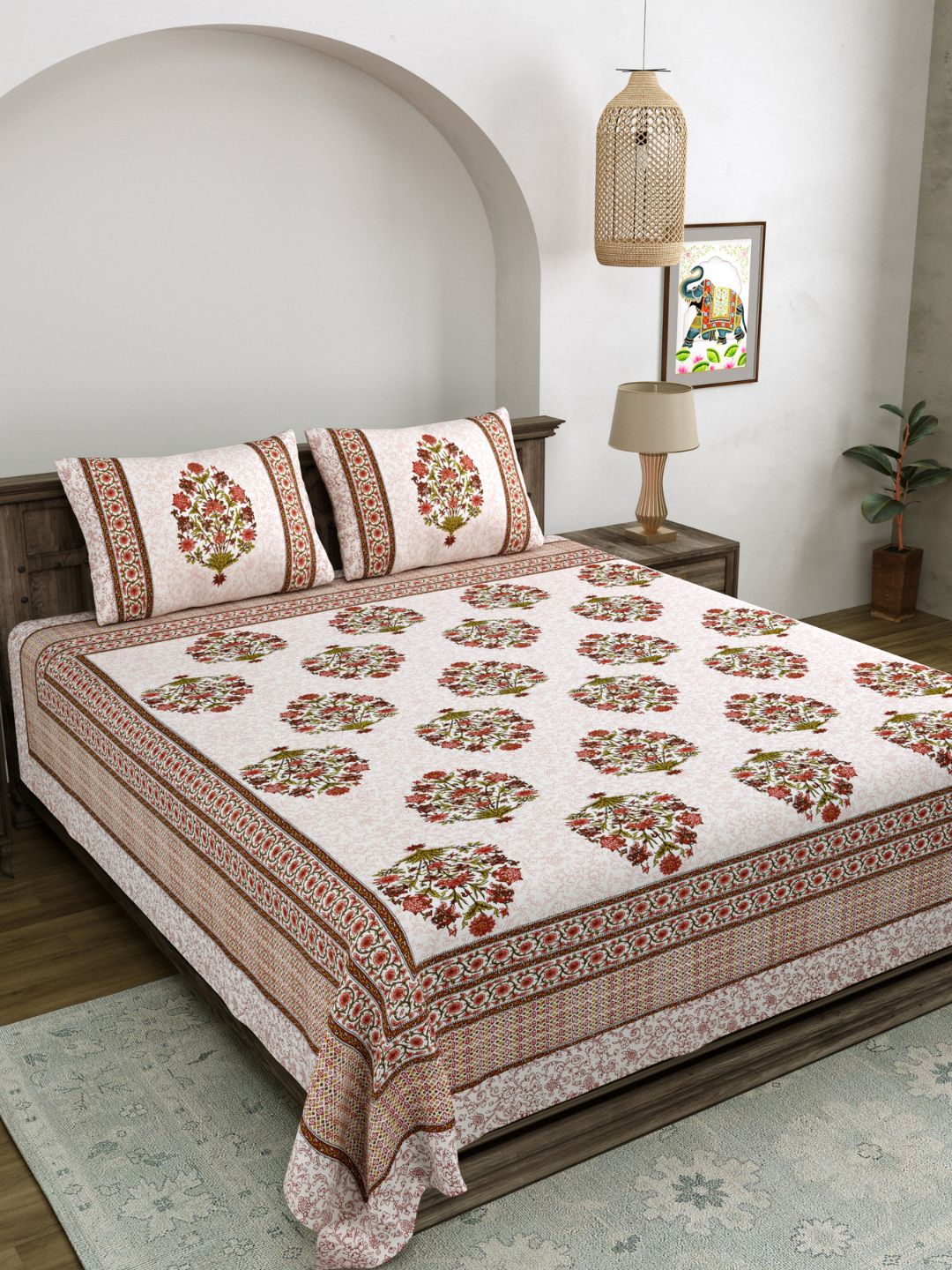 LIVING ROOTS King Size Ethenic Rajasthani 100% Pure Cotton Red Colour Bedsheet With Pillow Cover (31-199-B)