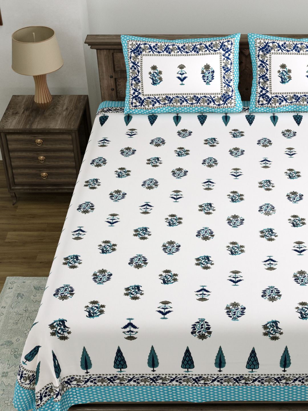 LIVING ROOTS King Size Ethenic Rajasthani 100% Pure Cotton Blue Colour Bedsheet With Pillow Cover (31-200-A)