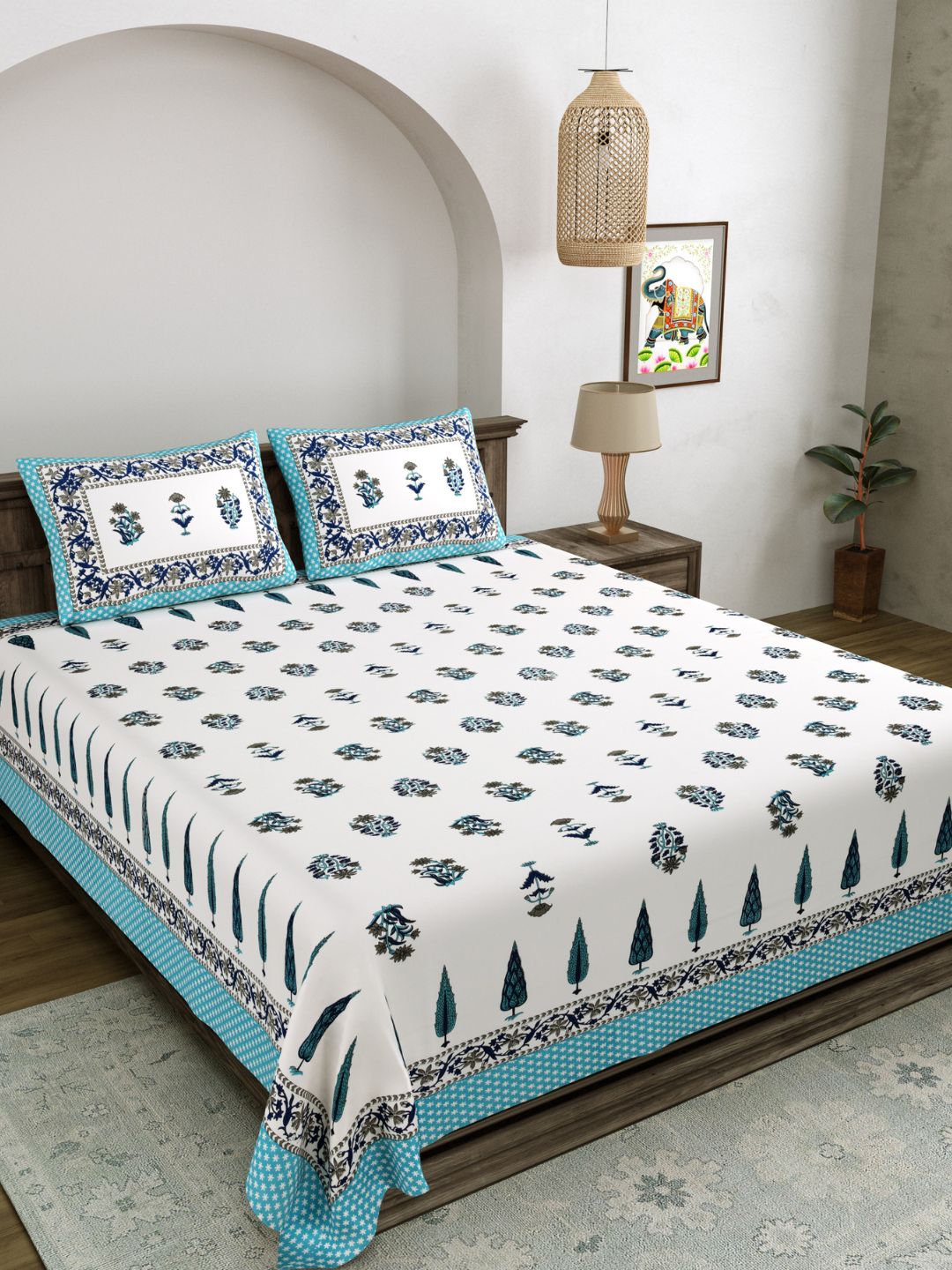 LIVING ROOTS King Size Ethenic Rajasthani 100% Pure Cotton Blue Colour Bedsheet With Pillow Cover (31-200-A)