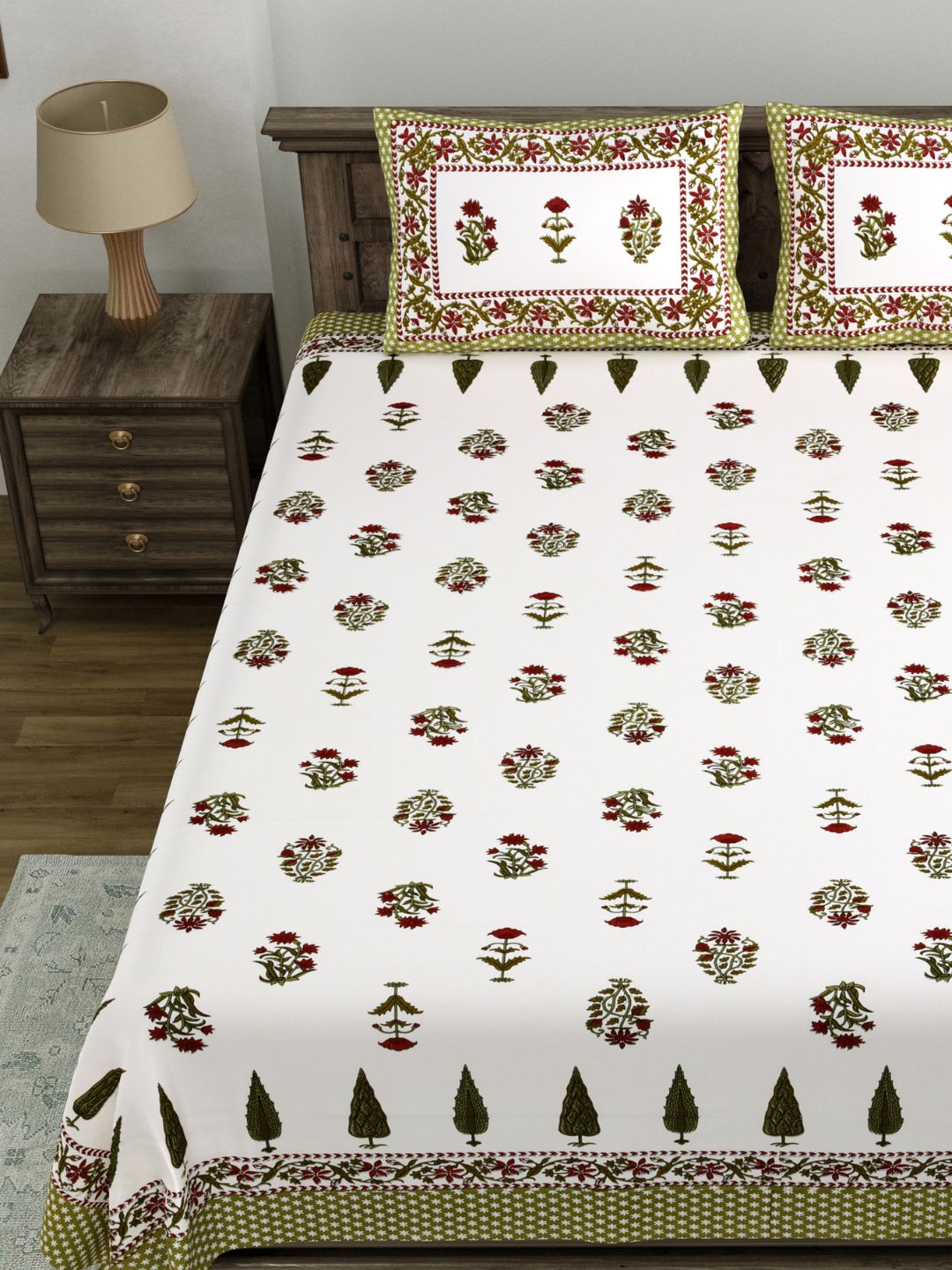 LIVING ROOTS King Size Ethenic Rajasthani 100% Pure Cotton Green Colour Bedsheet With Pillow Cover (31-200-B)