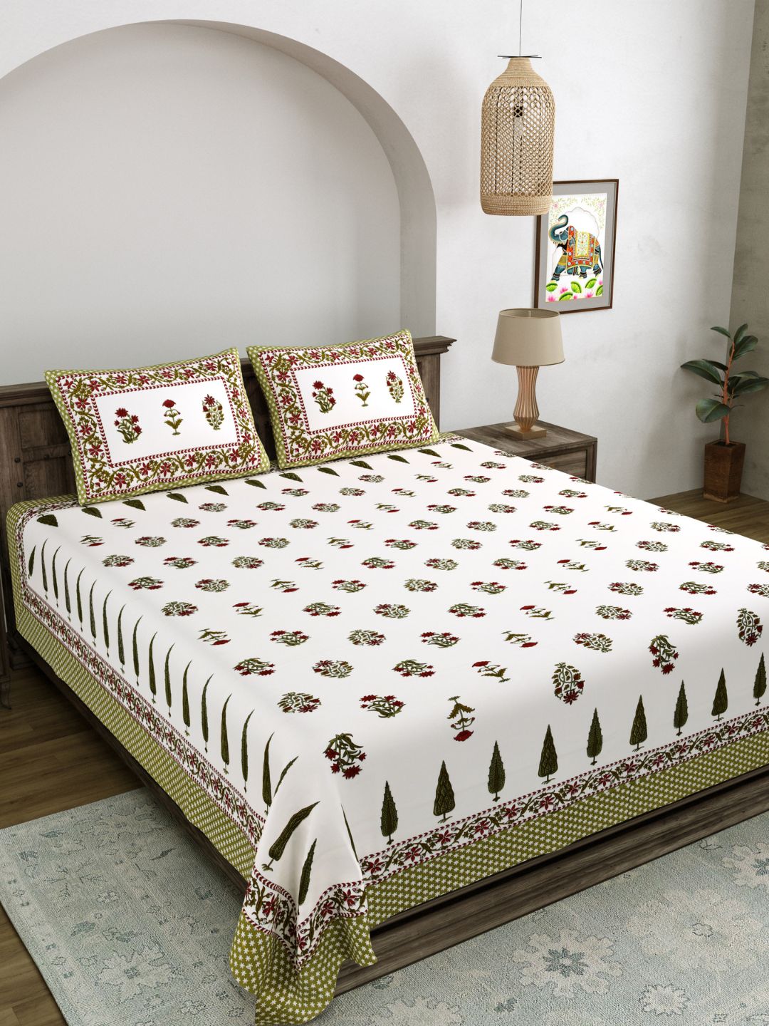 LIVING ROOTS King Size Ethenic Rajasthani 100% Pure Cotton Green Colour Bedsheet With Pillow Cover (31-200-B)