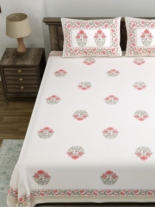 LIVING ROOTS King Size Ethenic Rajasthani 100% Pure Cotton Pink Colour Bedsheet With Pillow Cover (31-202-B)