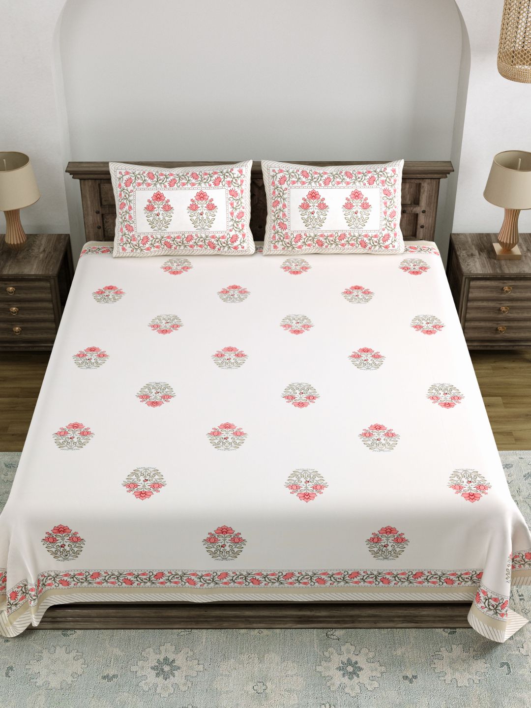 LIVING ROOTS King Size Ethenic Rajasthani 100% Pure Cotton Pink Colour Bedsheet With Pillow Cover (31-202-B)