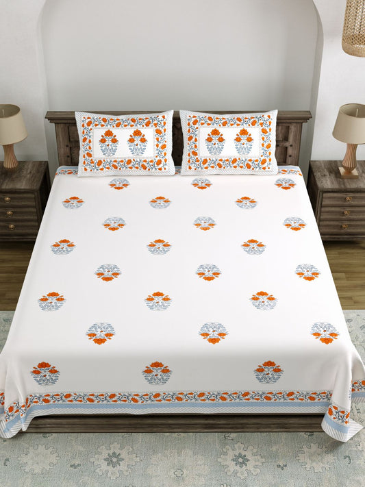 LIVING ROOTS King Size Ethenic Rajasthani 100% Pure Cotton Orange Colour Bedsheet With Pillow Cover (31-202-C)