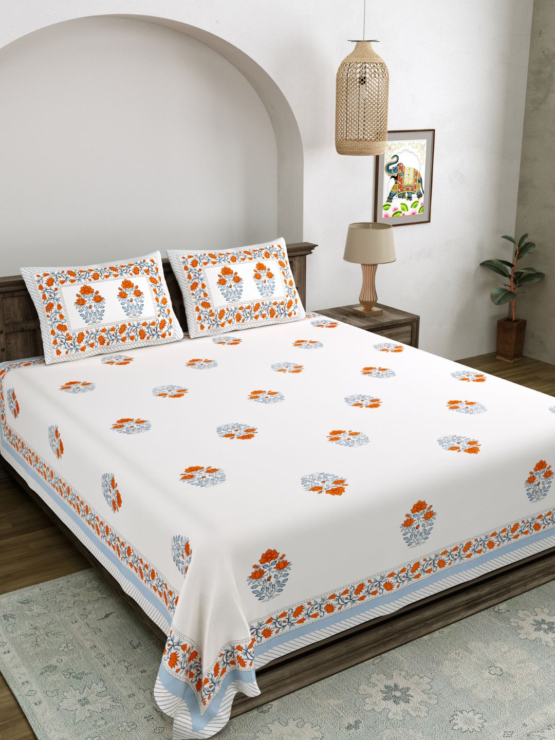 LIVING ROOTS King Size Ethenic Rajasthani 100% Pure Cotton Orange Colour Bedsheet With Pillow Cover (31-202-C)