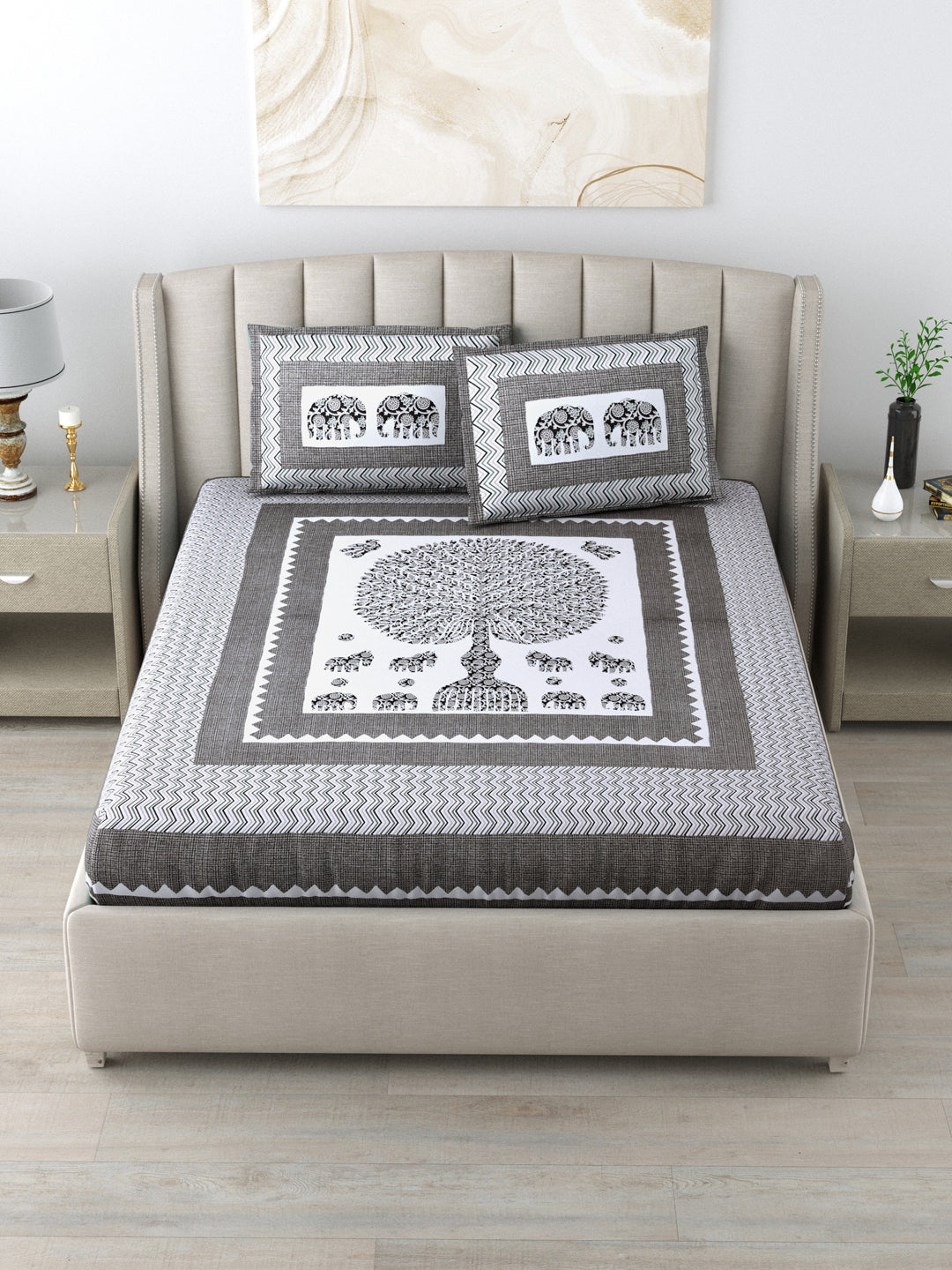 LIVING ROOTS King Size Premium Handblock Printed Pure Cotton Grey Colour Bedsheet With Pillow Cover (31-203-B)