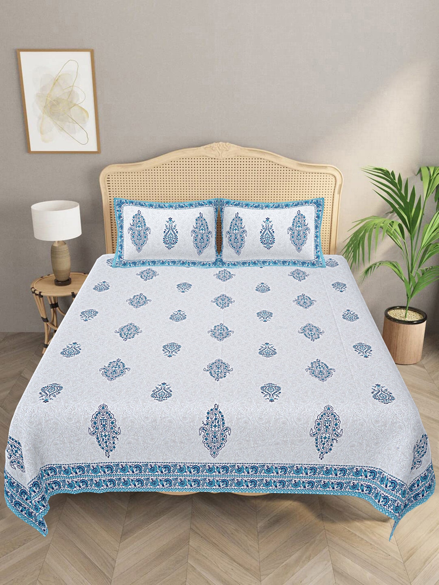 LIVING ROOTS King Size Ethenic Rajasthani 100% Pure Cotton Blue Colour Bedsheet With Pillow Cover (31-204-A)