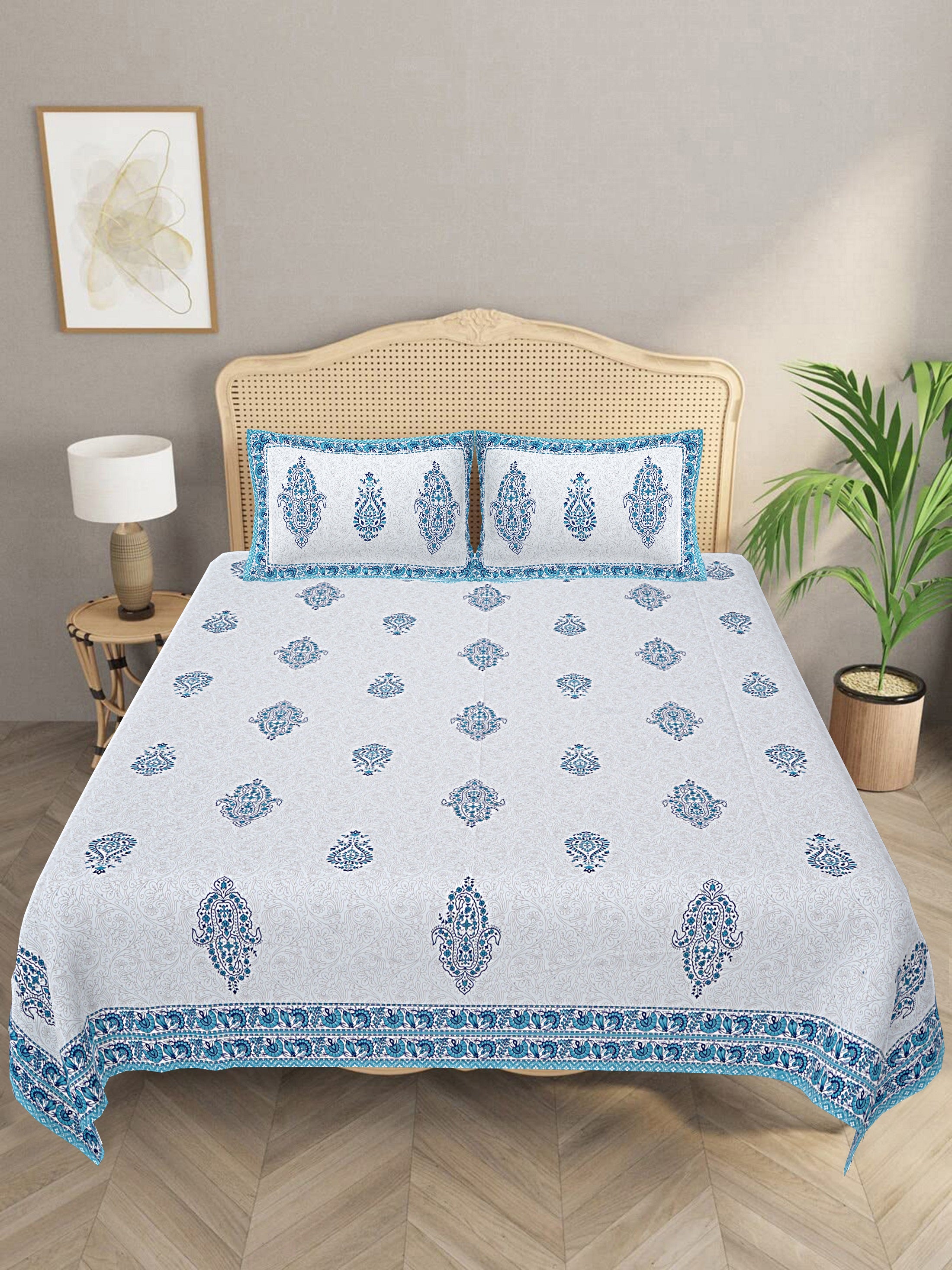 LIVING ROOTS King Size Premium Handblock Printed Pure Cotton Blue Colour Bedsheet With Pillow Cover (31-204-A)