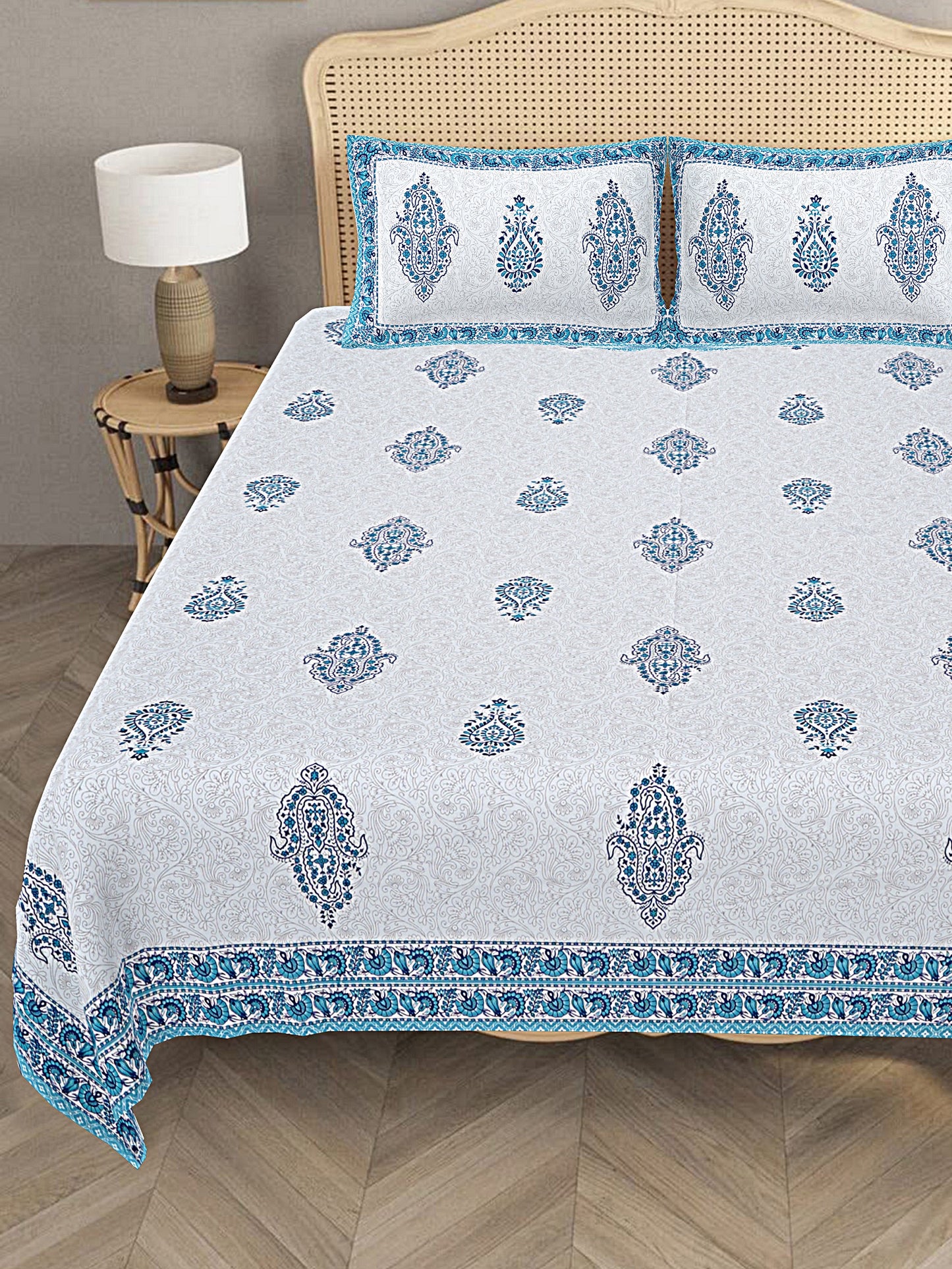 LIVING ROOTS King Size Ethenic Rajasthani 100% Pure Cotton Blue Colour Bedsheet With Pillow Cover (31-204-A)