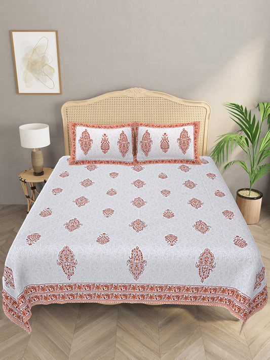 LIVING ROOTS King Size Ethenic Rajasthani 100% Pure CottonOrange Colour Bedsheet With Pillow Cover (31-204-B)