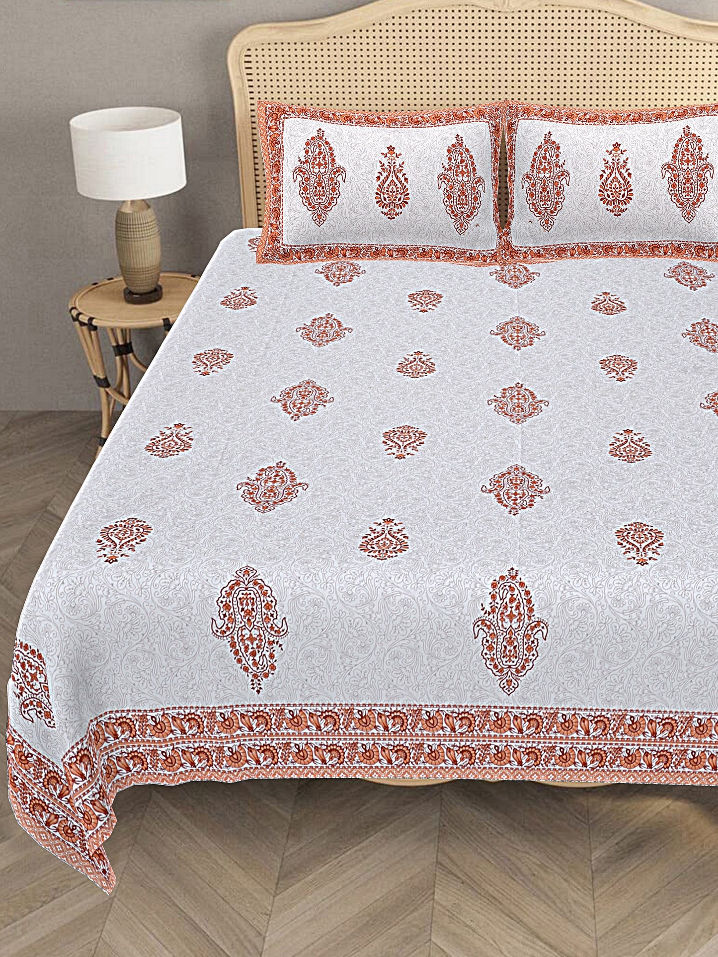 LIVING ROOTS King Size Ethenic Rajasthani 100% Pure CottonOrange Colour Bedsheet With Pillow Cover (31-204-B)