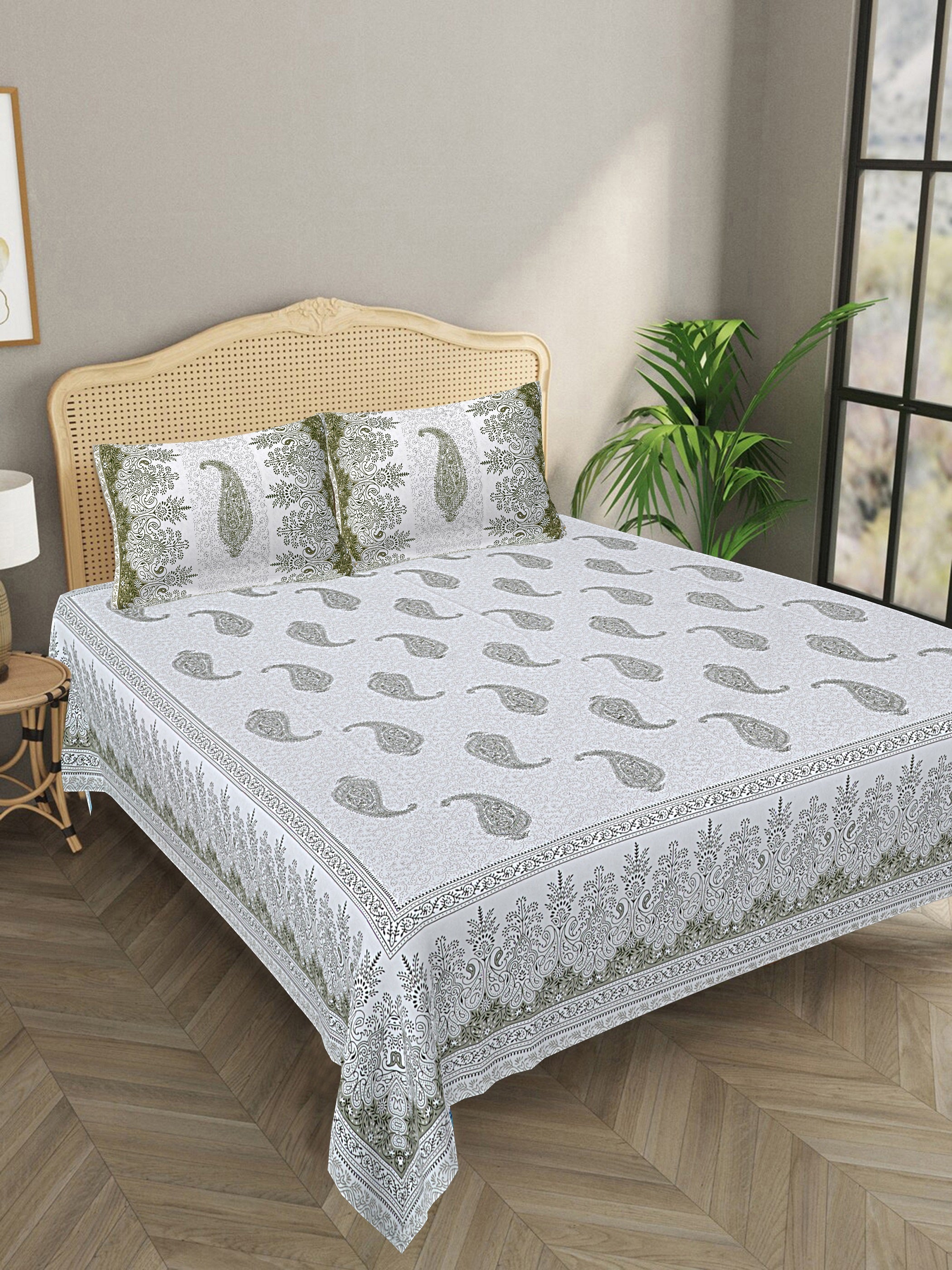 LIVING ROOTS King Size Premium Handblock Printed Pure Cotton Green Colour Bedsheet With Pillow Cover (31-205-B)
