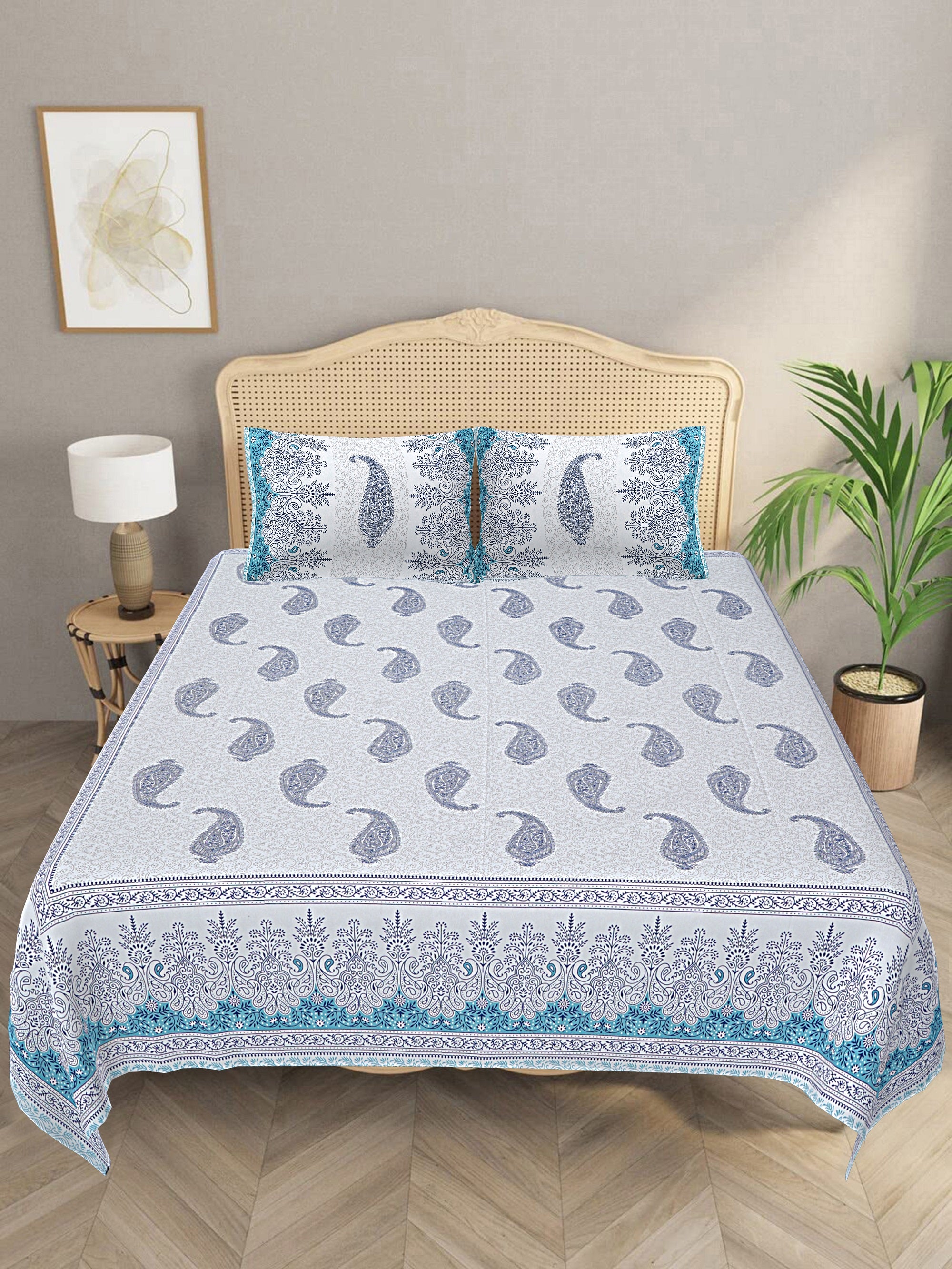 LIVING ROOTS King Size Premium Handblock Printed Pure Cotton Green Colour Bedsheet With Pillow Cover (31-205-C)