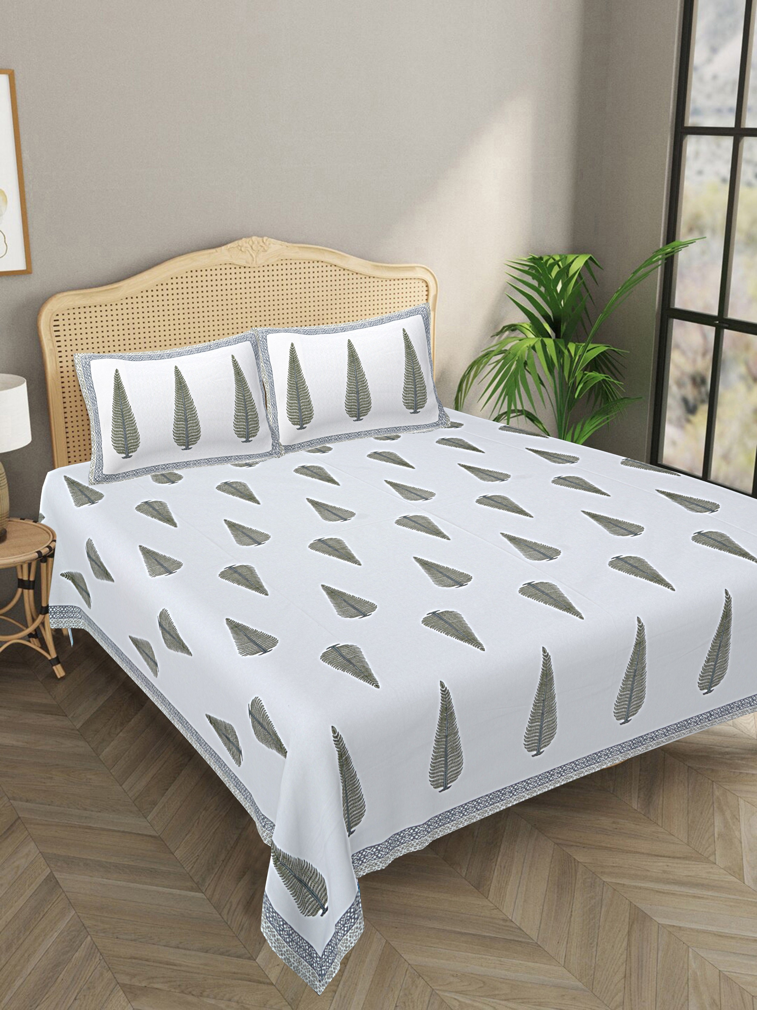 LIVING ROOTS King Size Premium Handblock Printed Pure Cotton Green Colour Bedsheet With Pillow Cover (31-206-B)