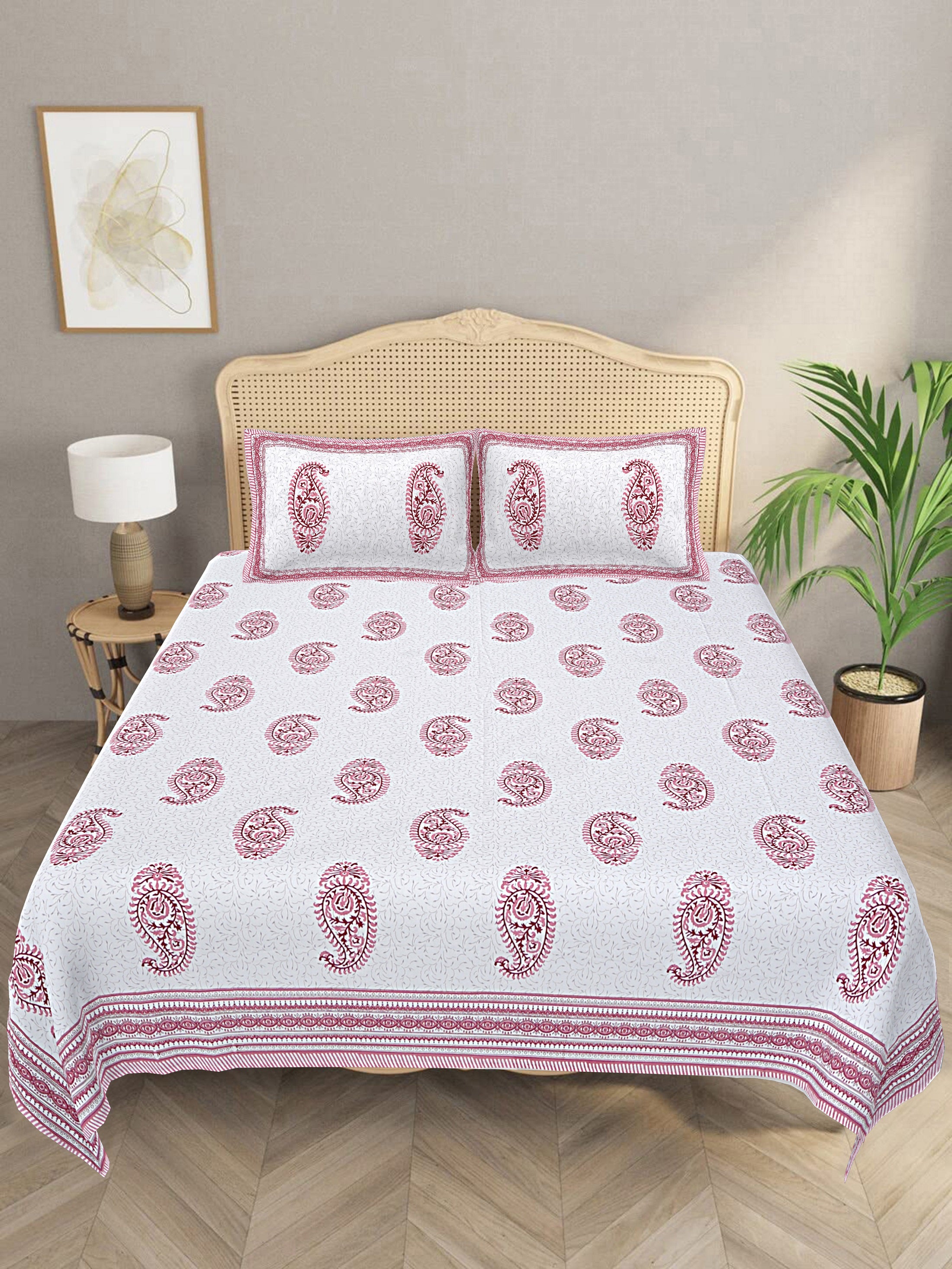King Size Premium Handblock Printed Pure Cotton Pink Colour Bedsheet With Pillow Cover(31-208-A)