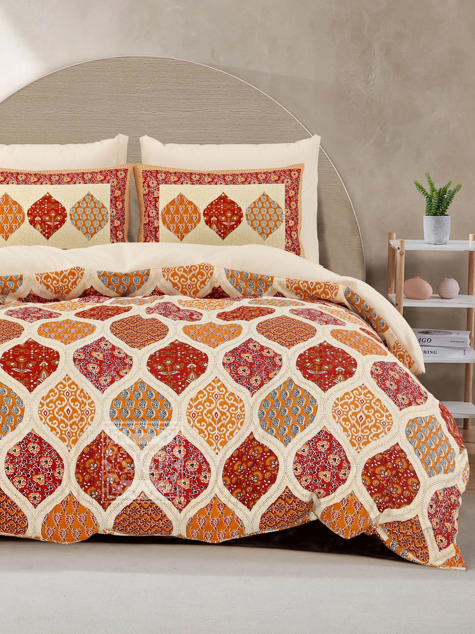 LIVING ROOTS King Size Premium Handblock Printed Pure Cotton  Orange Colour Bedsheet With Pillow Cover (31-209-A)