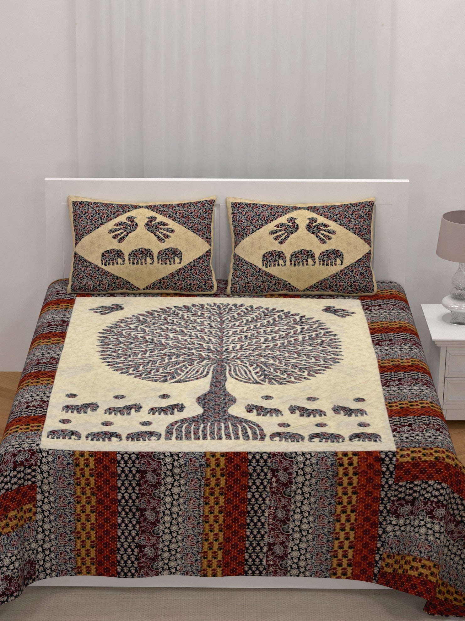LIVING ROOTS King Size Premium Handblock Printed Pure Cotton Yellow Colour Bedsheet With Pillow Cover (31-215-C)