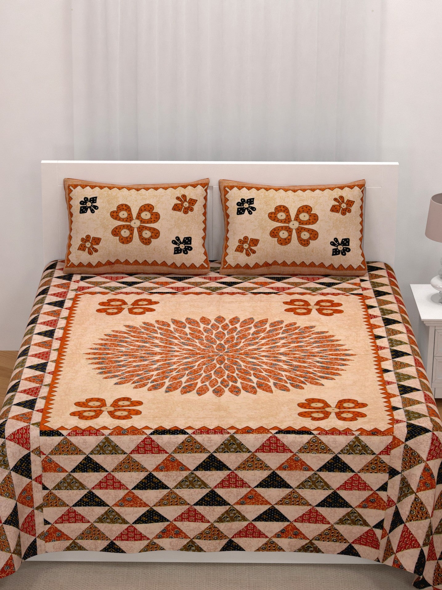 LIVING ROOTS King Size Ethenic Rajasthani 100% Pure Cotton Orange Colour Bedsheet With Pillow Cover (31-216-A)