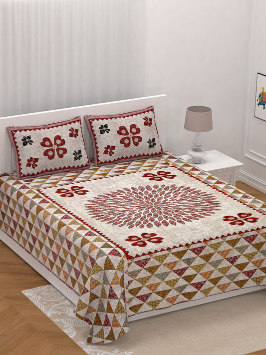 LIVING ROOTS King Size Ethenic Rajasthani 100% Pure Cotton Red Colour Bedsheet With Pillow Cover (31-216-B)