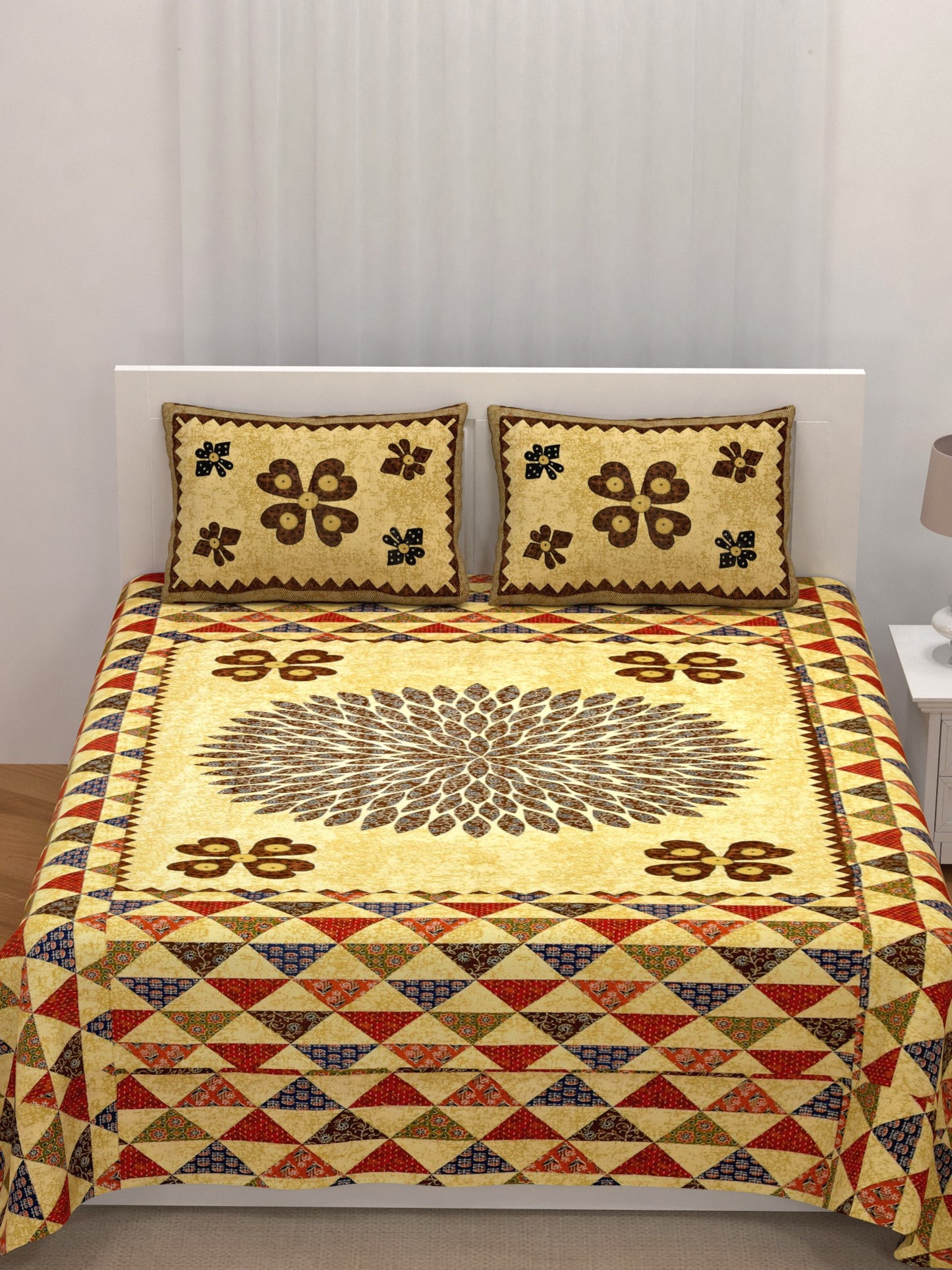 LIVING ROOTS King Size Ethenic Rajasthani 100% Pure Cotton Yellow Colour Bedsheet With Pillow Cover (31-216-C)