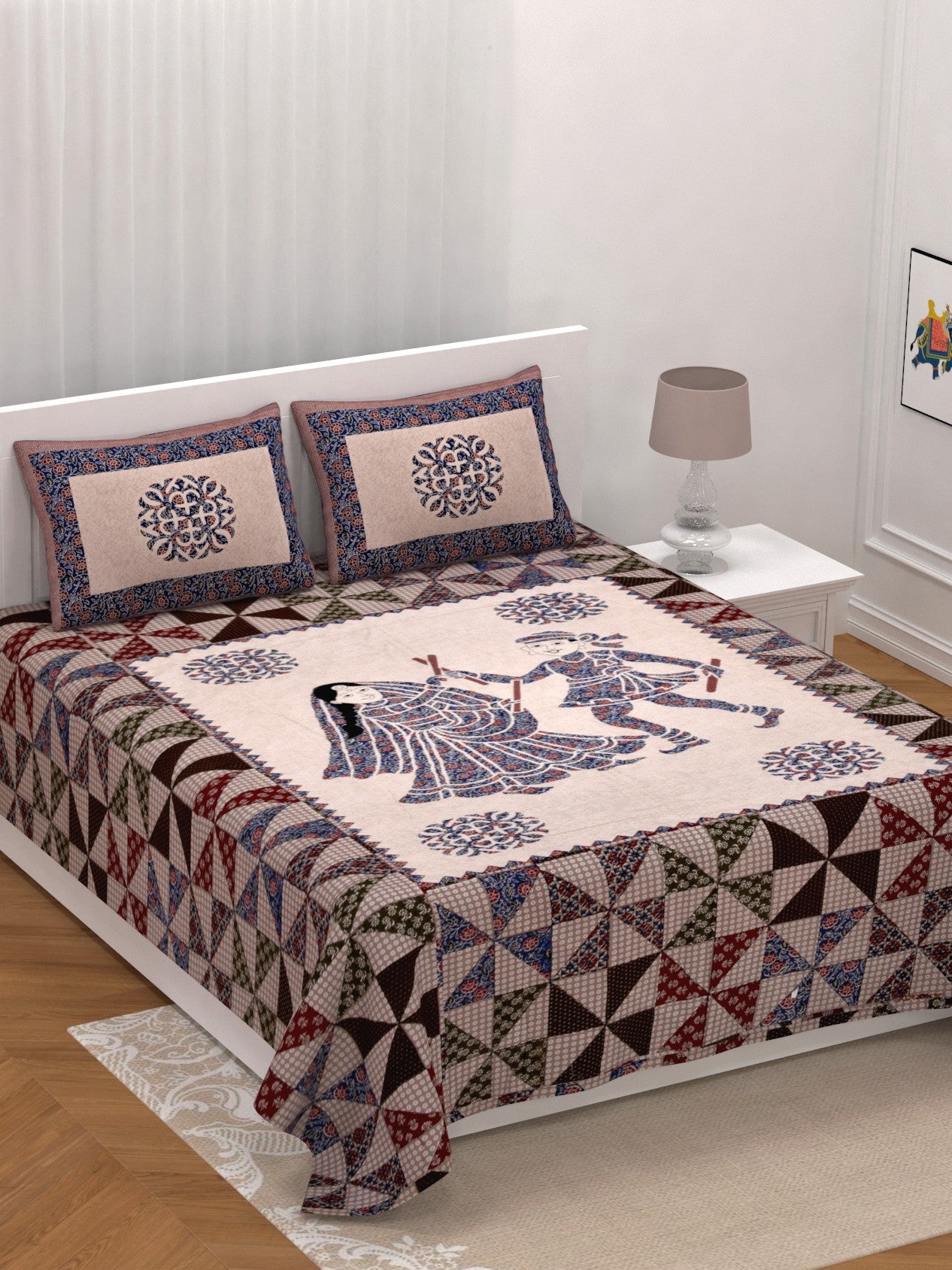 LIVING ROOTS King Size Premium Handblock Printed Pure Cotton Blue Colour Bedsheet With Pillow Cover (31-217-A)