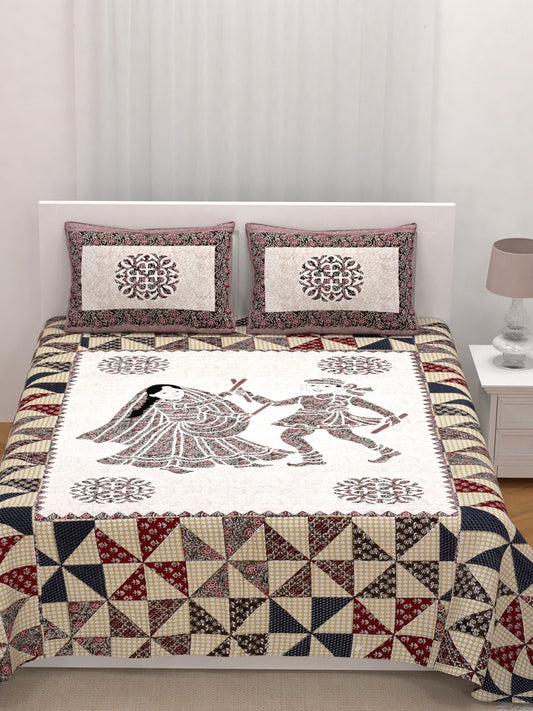 LIVING ROOTS King Size Ethenic Rajasthani 100% Pure Cotton Red Colour Bedsheet With Pillow Cover (31-217-B)