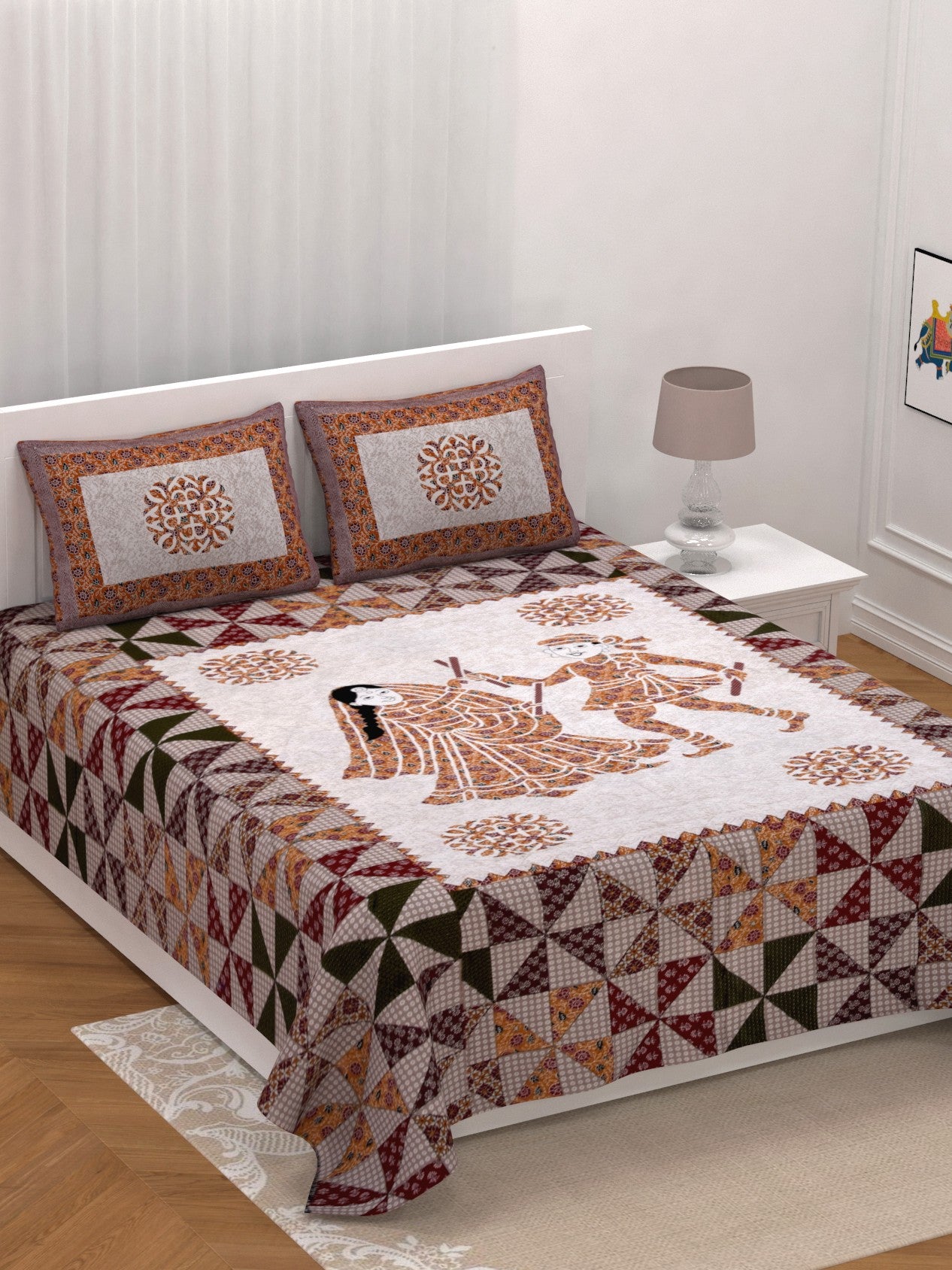 LIVING ROOTS King Size Ethenic Rajasthani 100% Pure Cotton Orange Colour Bedsheet With Pillow Cover (31-217-C)