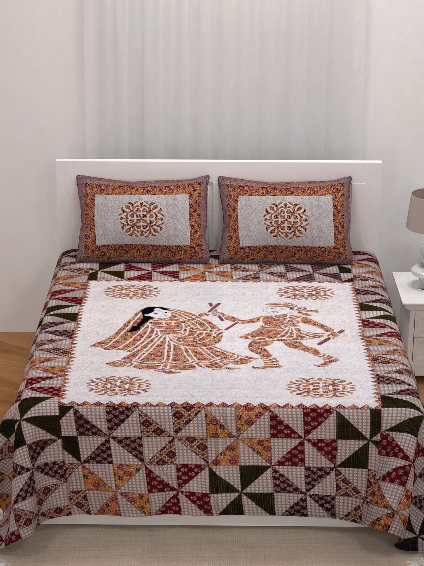 LIVING ROOTS King Size Ethenic Rajasthani 100% Pure Cotton Orange Colour Bedsheet With Pillow Cover (31-217-C)