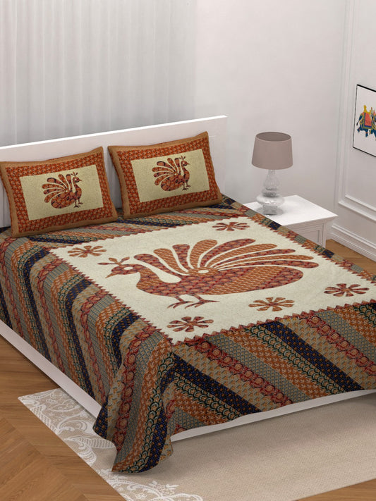 LIVING ROOTS King Size Ethenic Rajasthani 100% Pure Cotton Orange Colour Bedsheet With Pillow Cover (31-218-A)