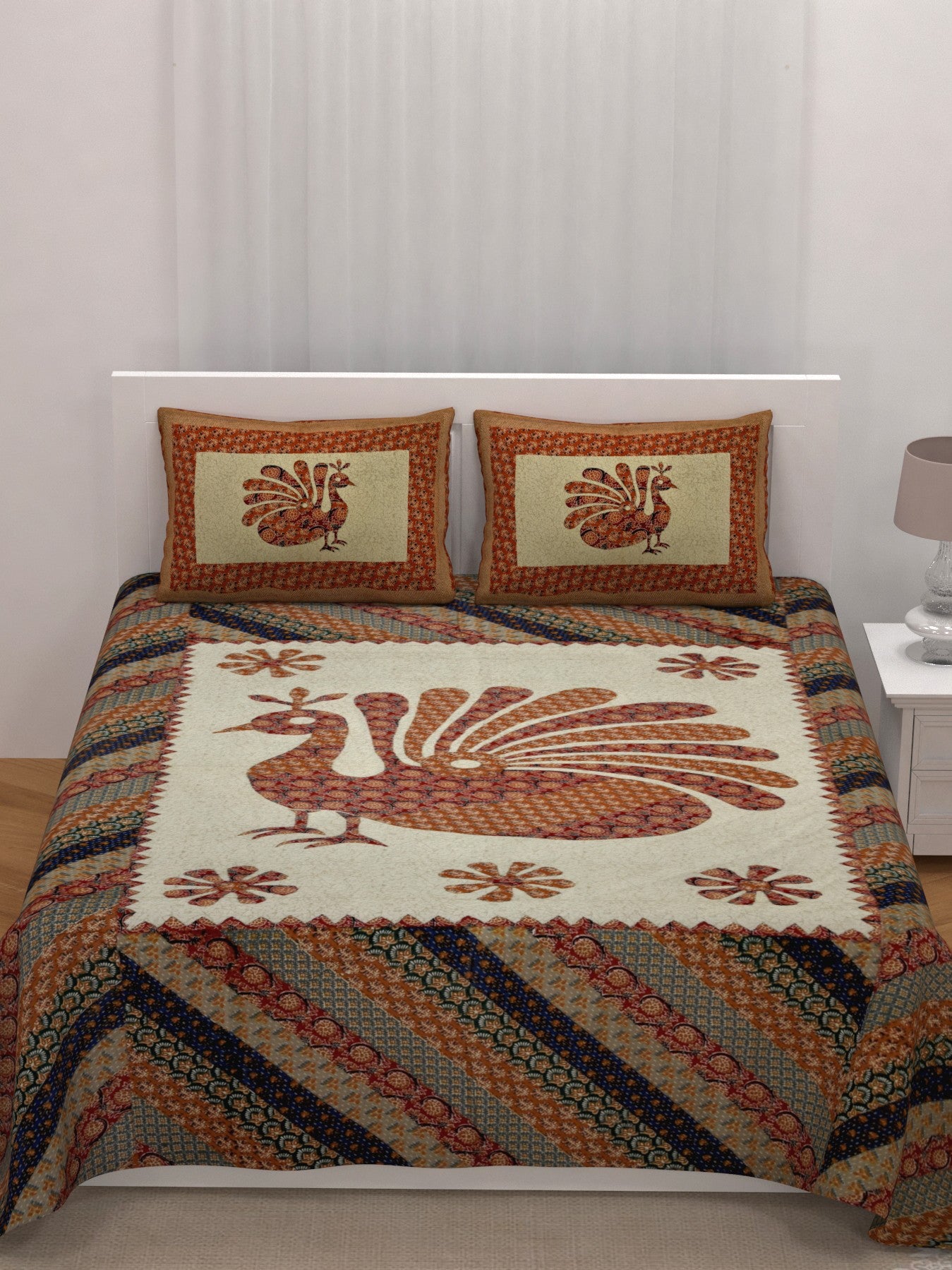 LIVING ROOTS King Size Ethenic Rajasthani 100% Pure Cotton Orange Colour Bedsheet With Pillow Cover (31-218-A)