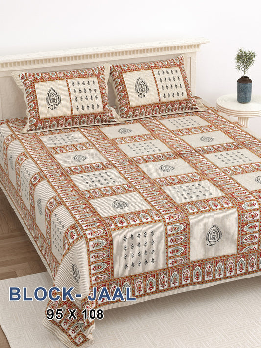 LIVING ROOTS King Size Ethenic Rajasthani 100% Pure Cotton Orange Colour Bedsheet With Pillow Cover (31-221-A)