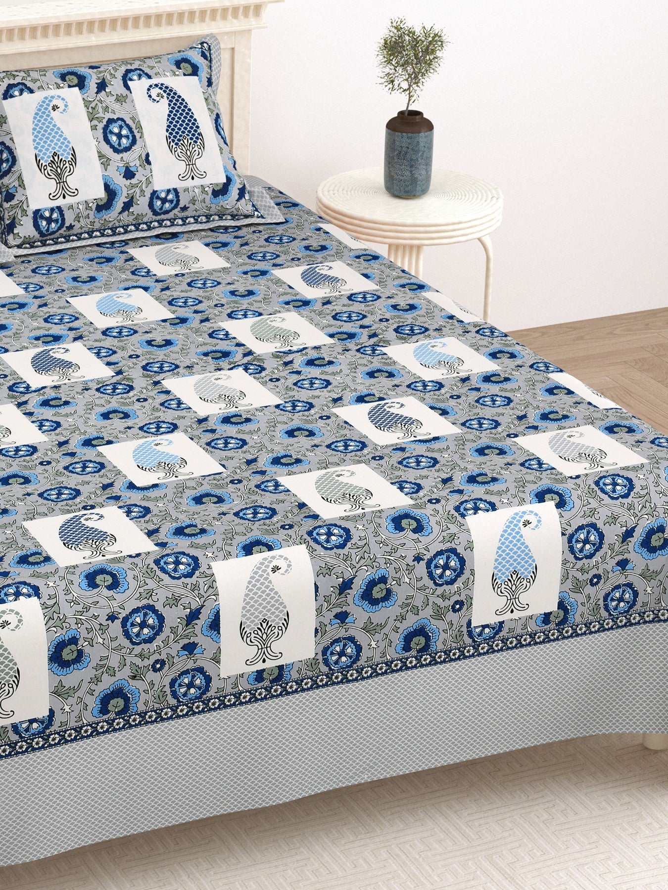 LIVING ROOTS King Size Ethenic Rajasthani 100% Pure Cotton Blue Colour Bedsheet With Pillow Cover (31-223-A)