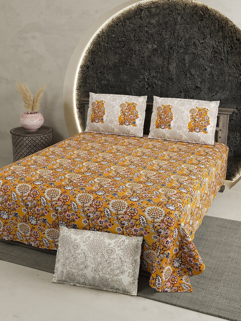 LIVING ROOTS Double Bed Super King Floral Print Bedsheets Cotton with 2 Pillow Covers (108 x 108 inch) 210TC (Yellow Flower Print 3)
