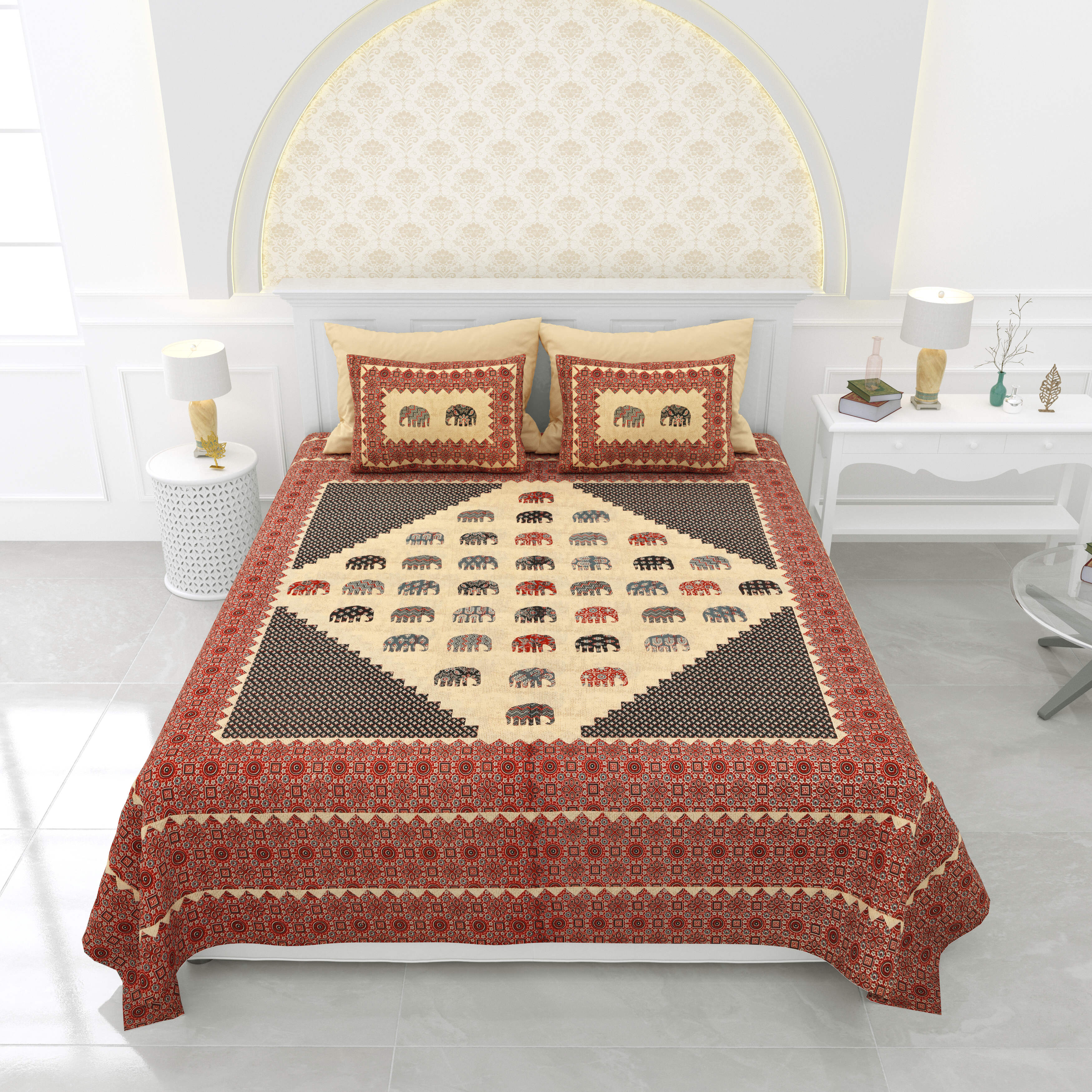LIVING ROOTS Jaipuri Hand Block Print Super King Cotton Bedsheet 96*104 inches (8*8.5 feet) With 2 Pillow Cover | 240 TC | Rich Fast Colour With No Colour Bleeding | (398-A)